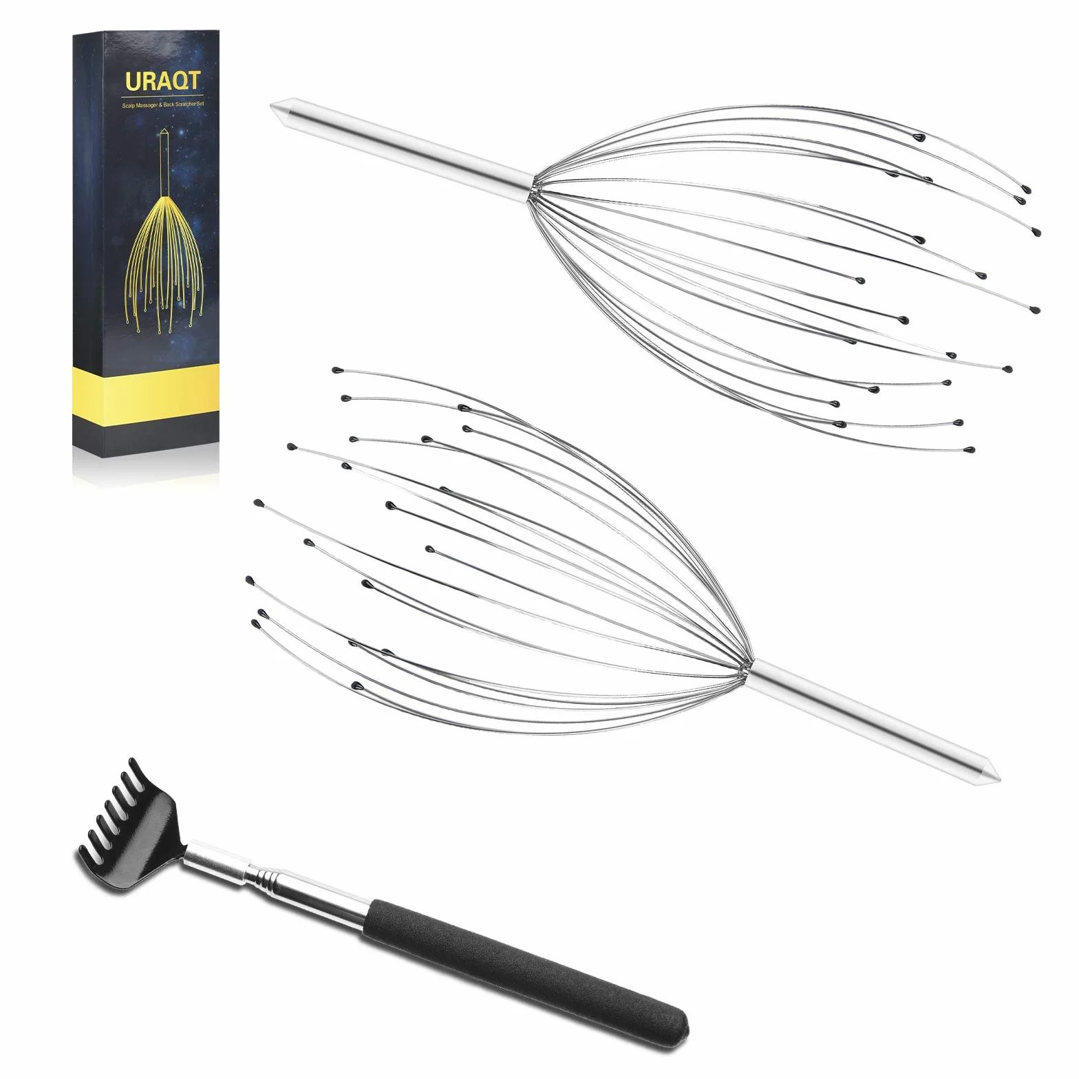 Kit de Masajeador de Cabeza y Espalda, 2+1 pack Masajeador de Cuero Cabelludo con Rascadores Telescópicos, Araña de Masaje con 20 dedos
