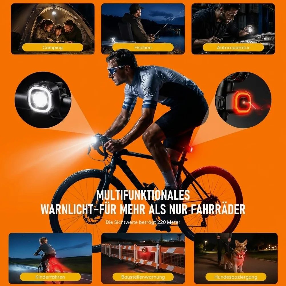 Juego de luces LED para bicicleta, homologadas por StVZO, luz de bicicleta recargable con luz de freno inteligente, luz trasera, IPX5, resistente al agua y a los golpes, juego de luces de bicicleta