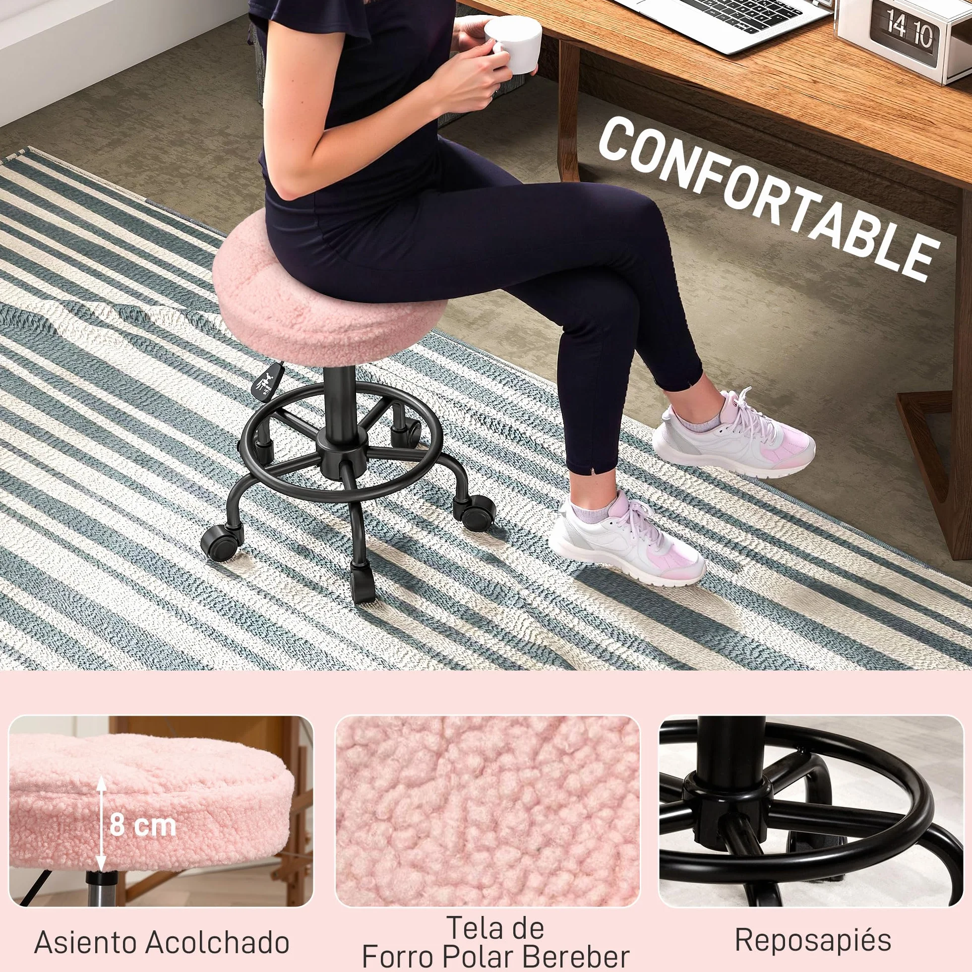 HOMCOM Taburete Giratorio Redondo con Ruedas Altura Regulable 50-66 cm Asiento Tapizado Tejido Borreguito Rosa