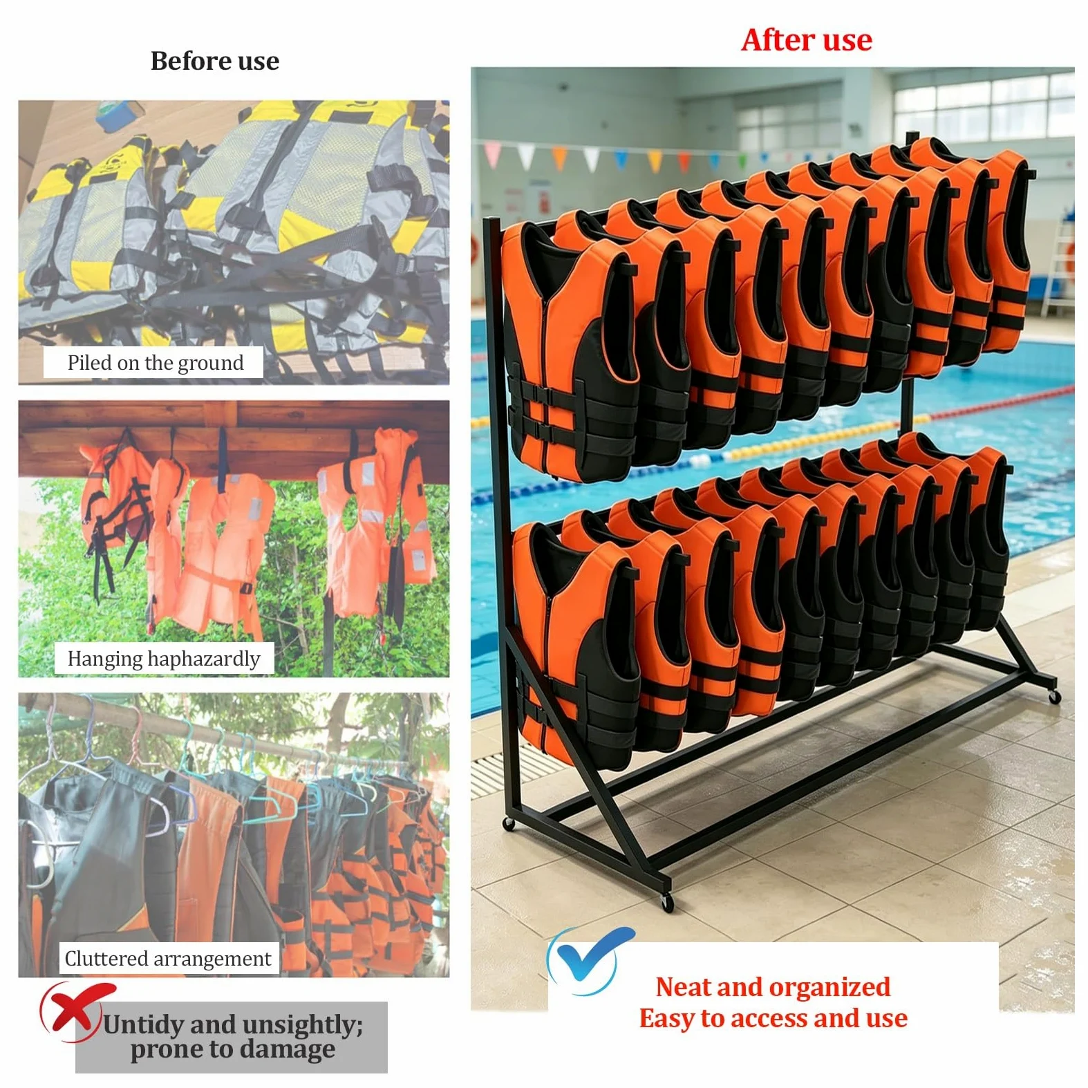 Estante Resistente para Chalecos Salvavidas, Soporte Independiente para Trajes de Neopreno y Chalecos, Organizador de Accesorios de Piscina con Ruedas giratorias(2-Tier)