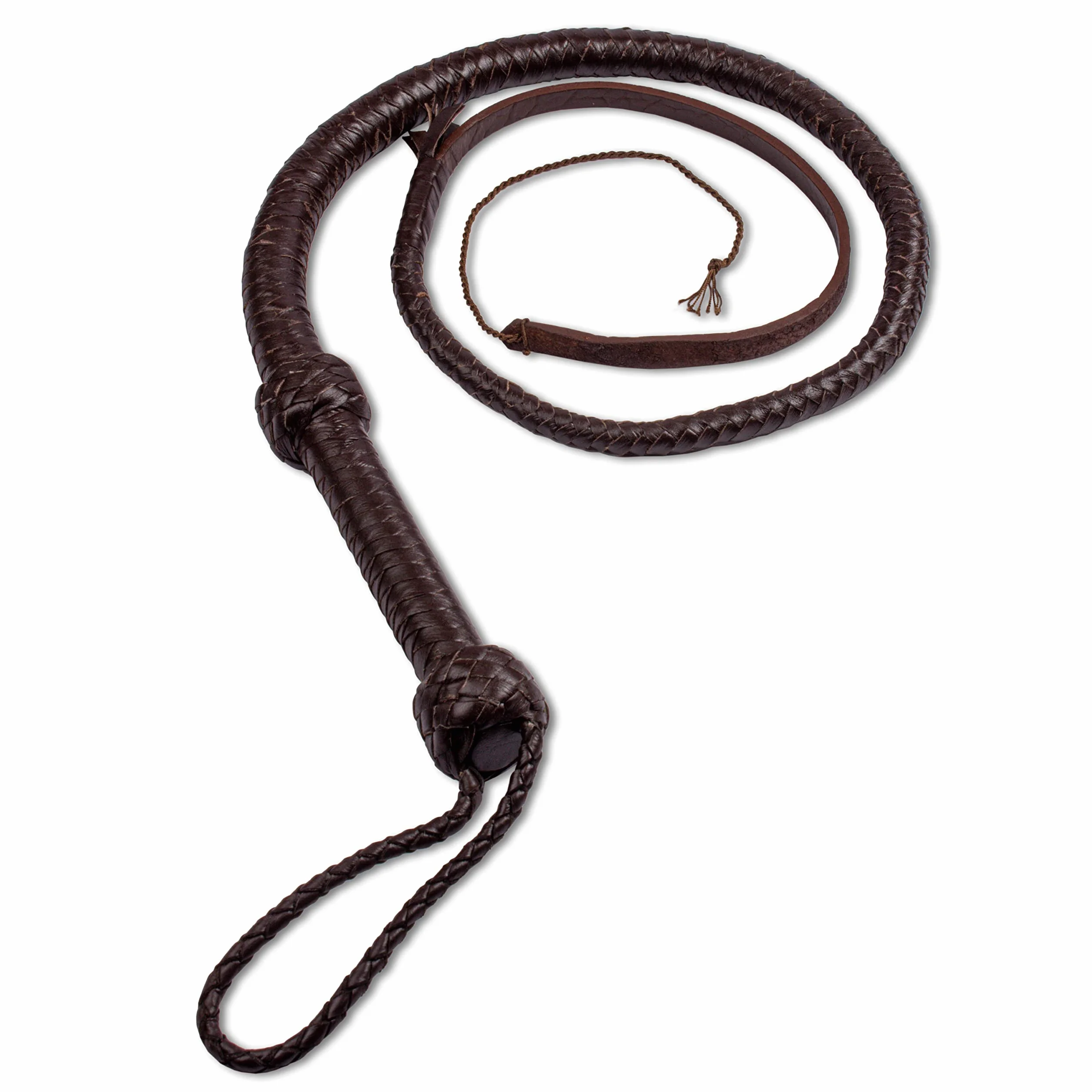 Indiana Jones - Látigo de cuero vacuno real negro y marrón, mango fuerte y bien equilibrado para sonido de agrietamiento con 5 galletas adicionales (marrón, 4 pies - 8 unidades)