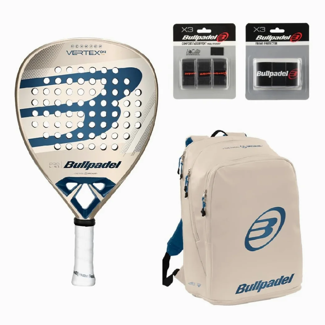 BULLPADEL Pack de pala de pádel Vertex 04 W | Juego profesional de pádel | Pala de forma diamante, cara Fibrix, núcleo MultiEva | CURVAKTIV y Air Power | Incluye mochila Vertex, Overgrip y protector