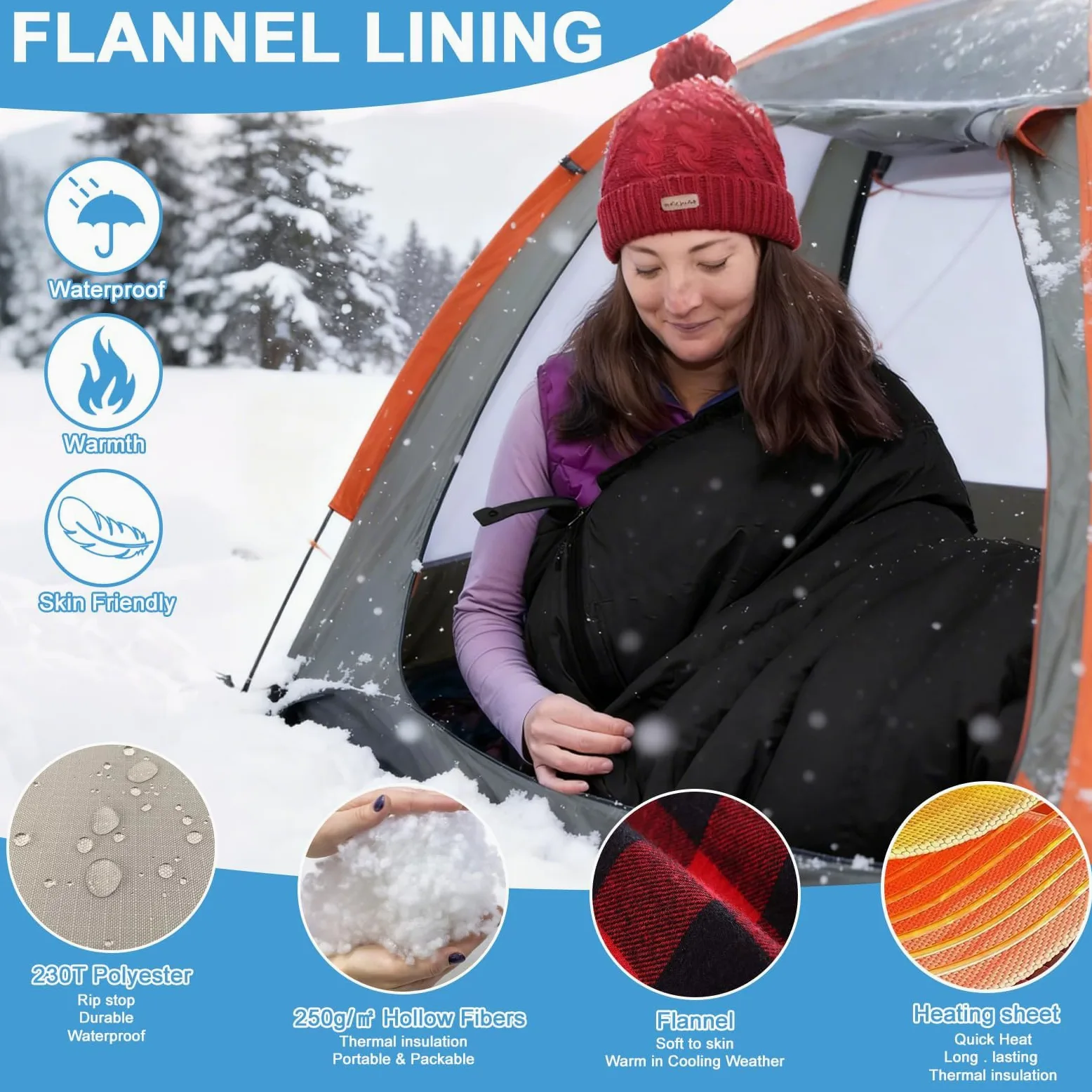 Saco de dormir con calefacción, almohadilla térmica eléctrica con 3 niveles de calefacción ajustables, almohadillas de calefacción alimentadas por USB, capucha ajustable, saco de dormir de camping de
