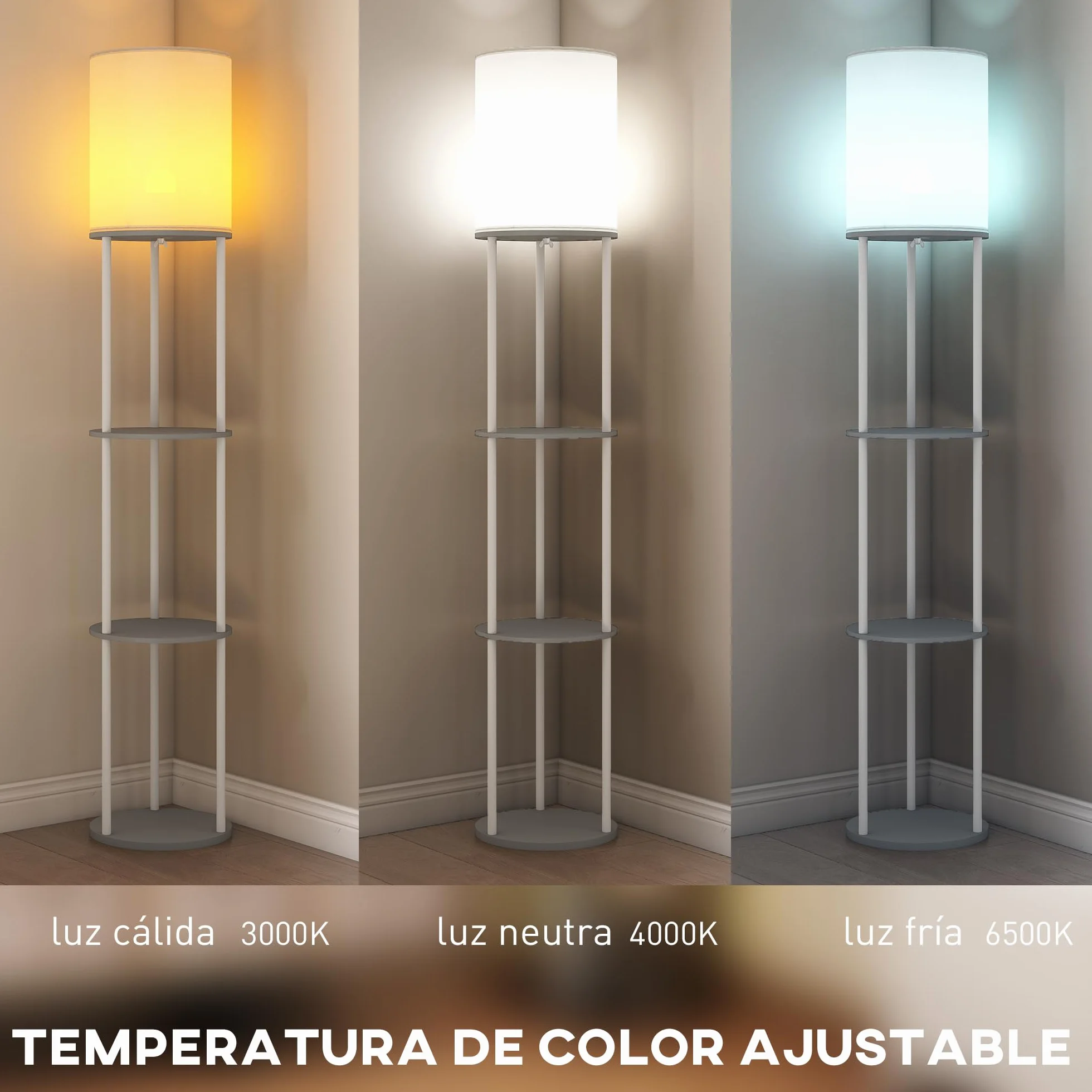 HOMCOM Lámpara de Pie con Estantes, 3 Temperaturas de Color, Control Remoto, Gris