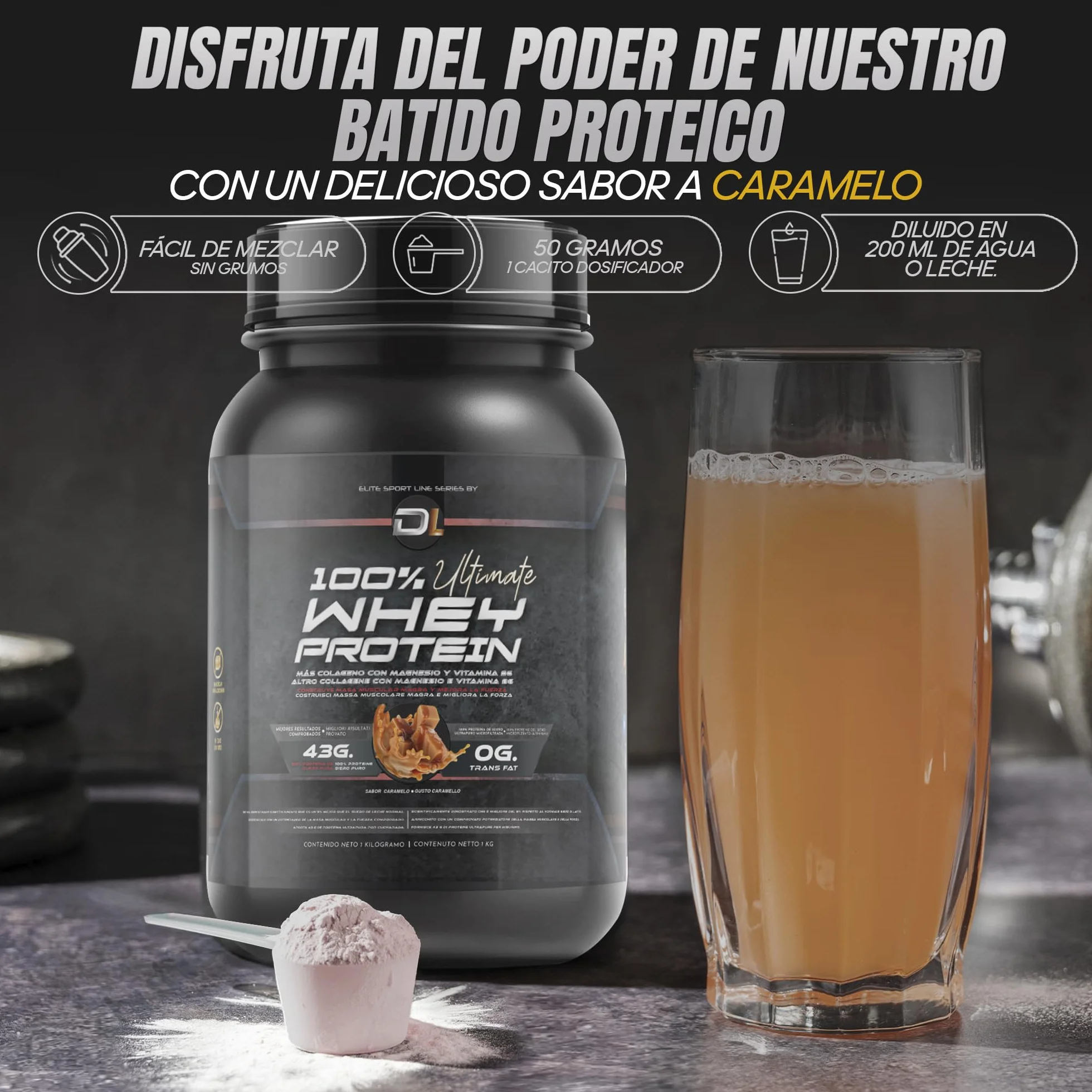Whey Protein con Colágeno, Magnesio y Aminoácidos 1kg Sabor Caramelo