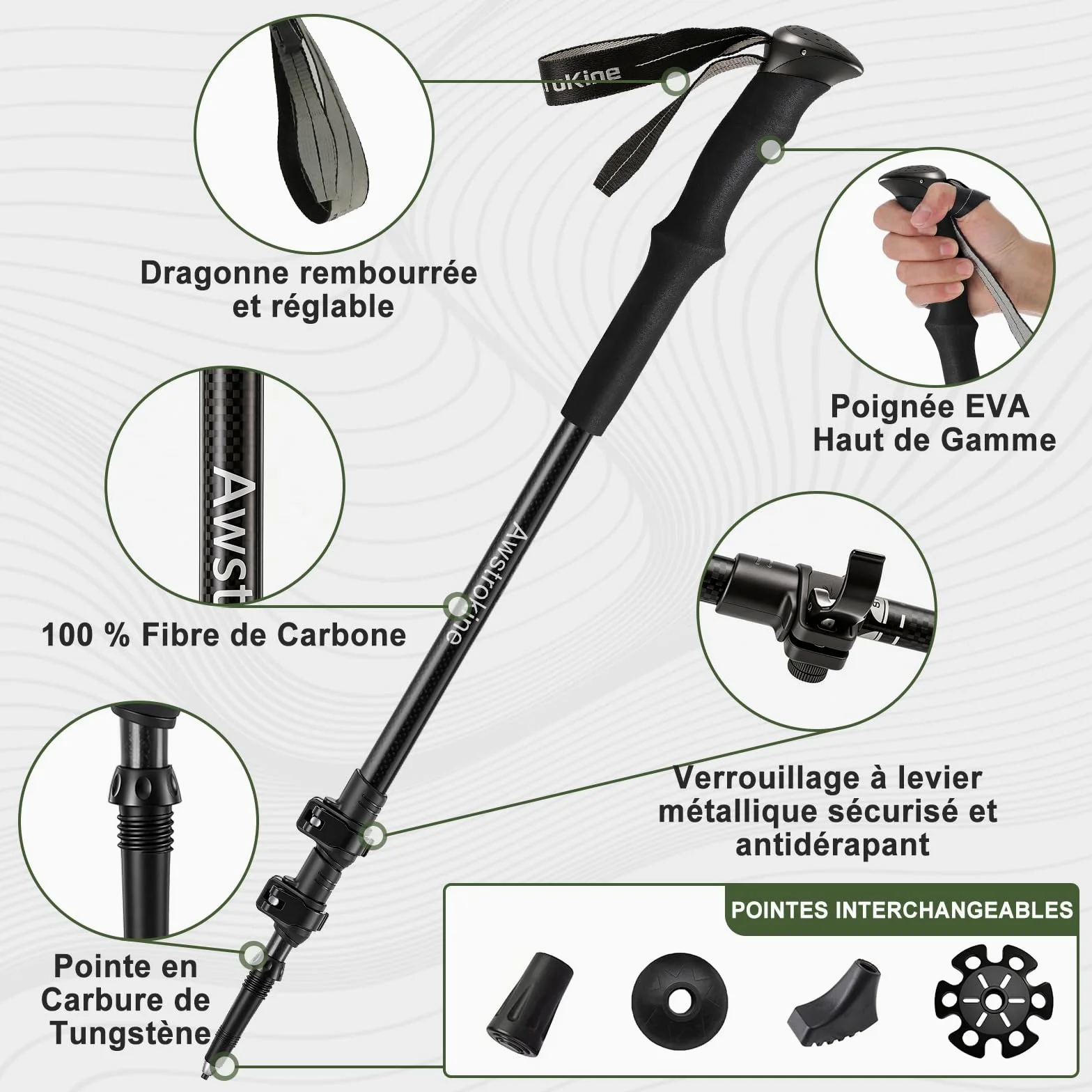 Bastones de senderismo ultraligeros de fibra de carbono, 172 g, bastones nórdicos con mango completo de EVA y cierre rápido de metal, bastones de senderismo para personas mayores, mujeres y hombres