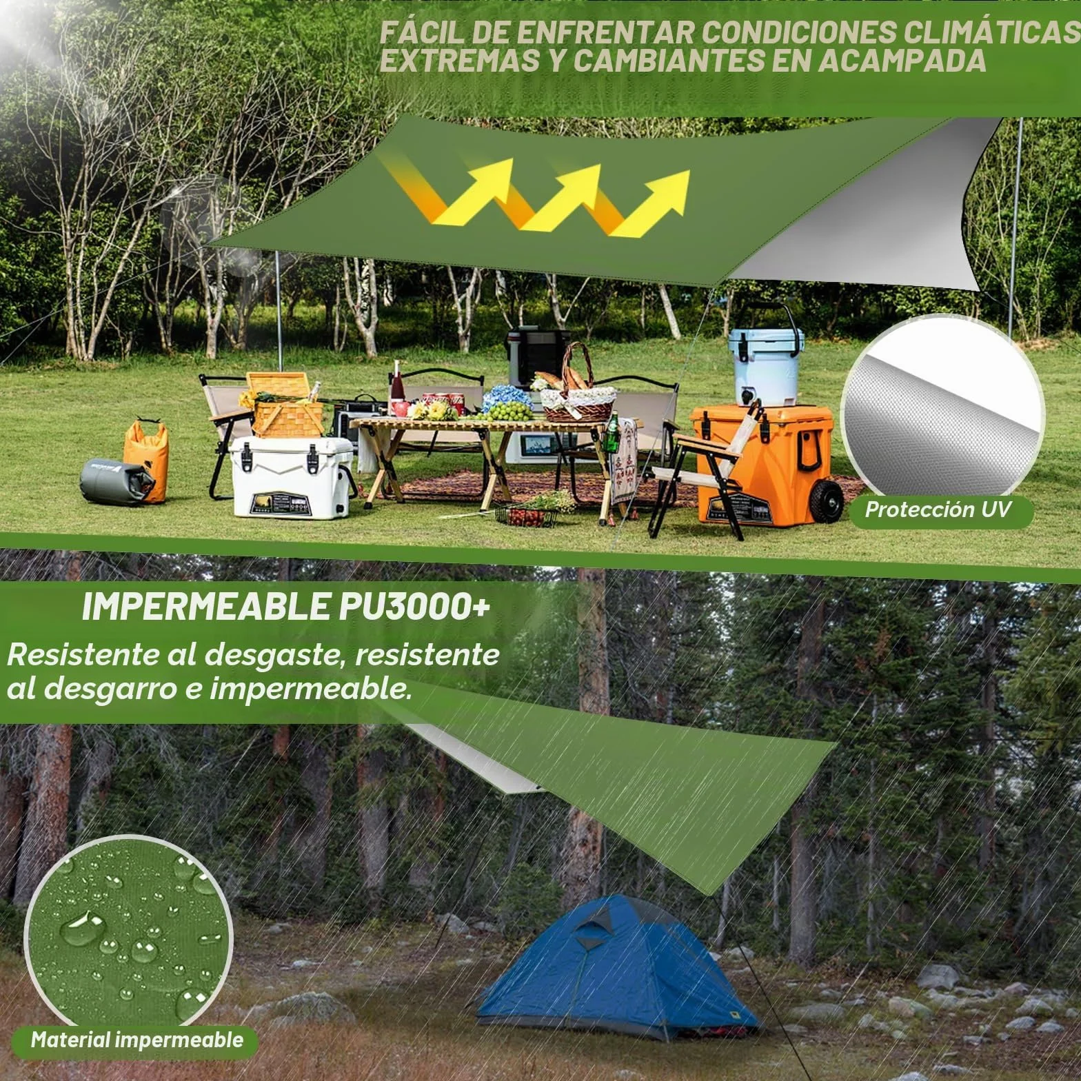 Toldo de Refugio Impermeable 3X3M,Ultraligero y Portátil Toldo Camping, Tienda de Campaña Hamaca Protección UV Anti Desgarro, Ideal para Acampar Senderismo Picnic al Aire Libre, Verde