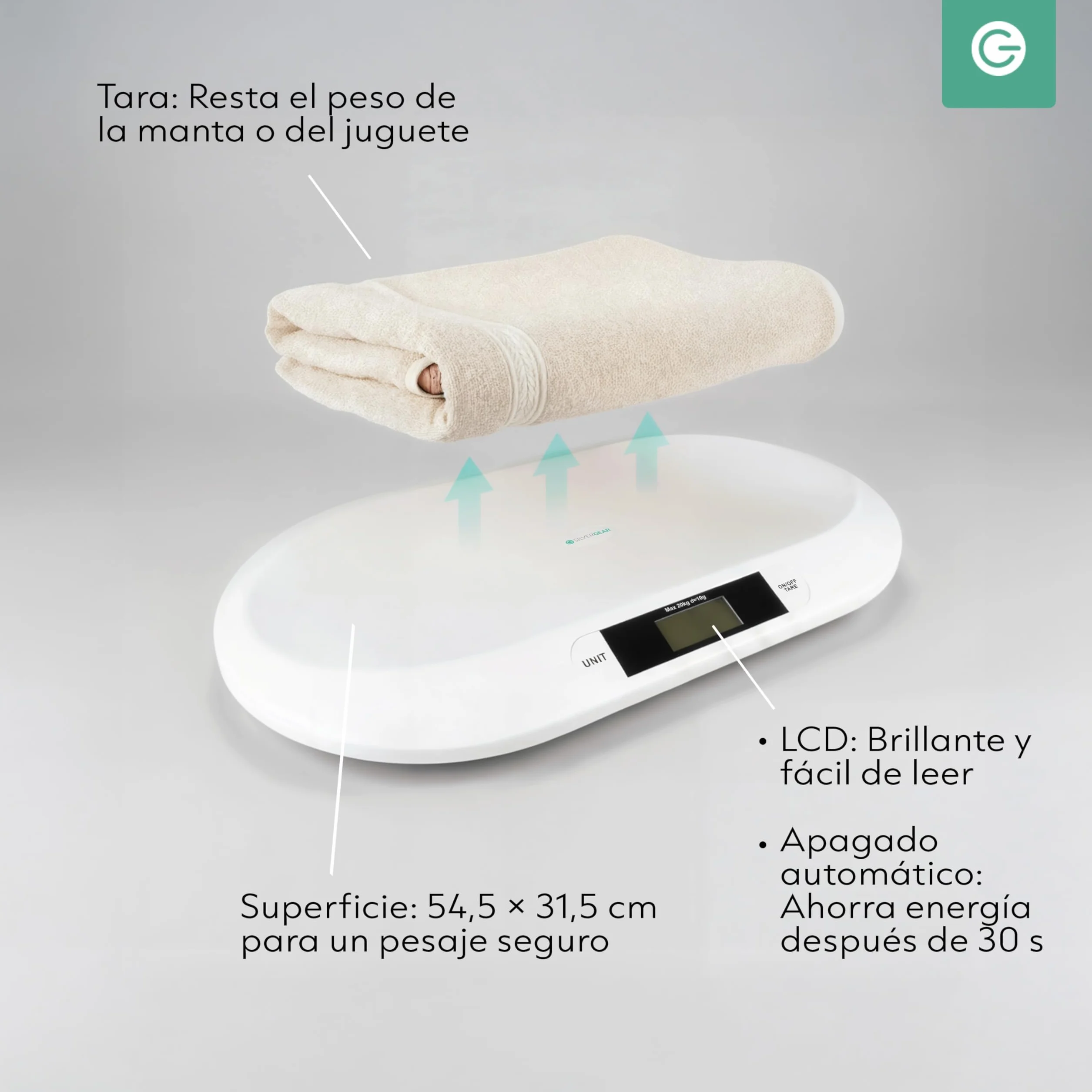 Silvergear Báscula Bebé Inteligente Bluetooth Digital App Recién Nacidos Mascotas 20 kg Blanco