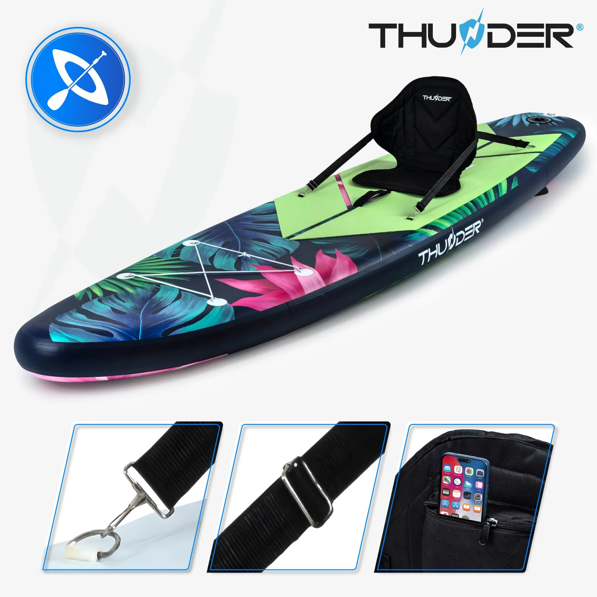 THUNDER Tabla de Sup Inflable de 320 cm con Asiento de Kayak – Set de Stand Up Paddle Board con Bomba, Remo y Mochila – Antideslizante para Adultos y Principiantes
