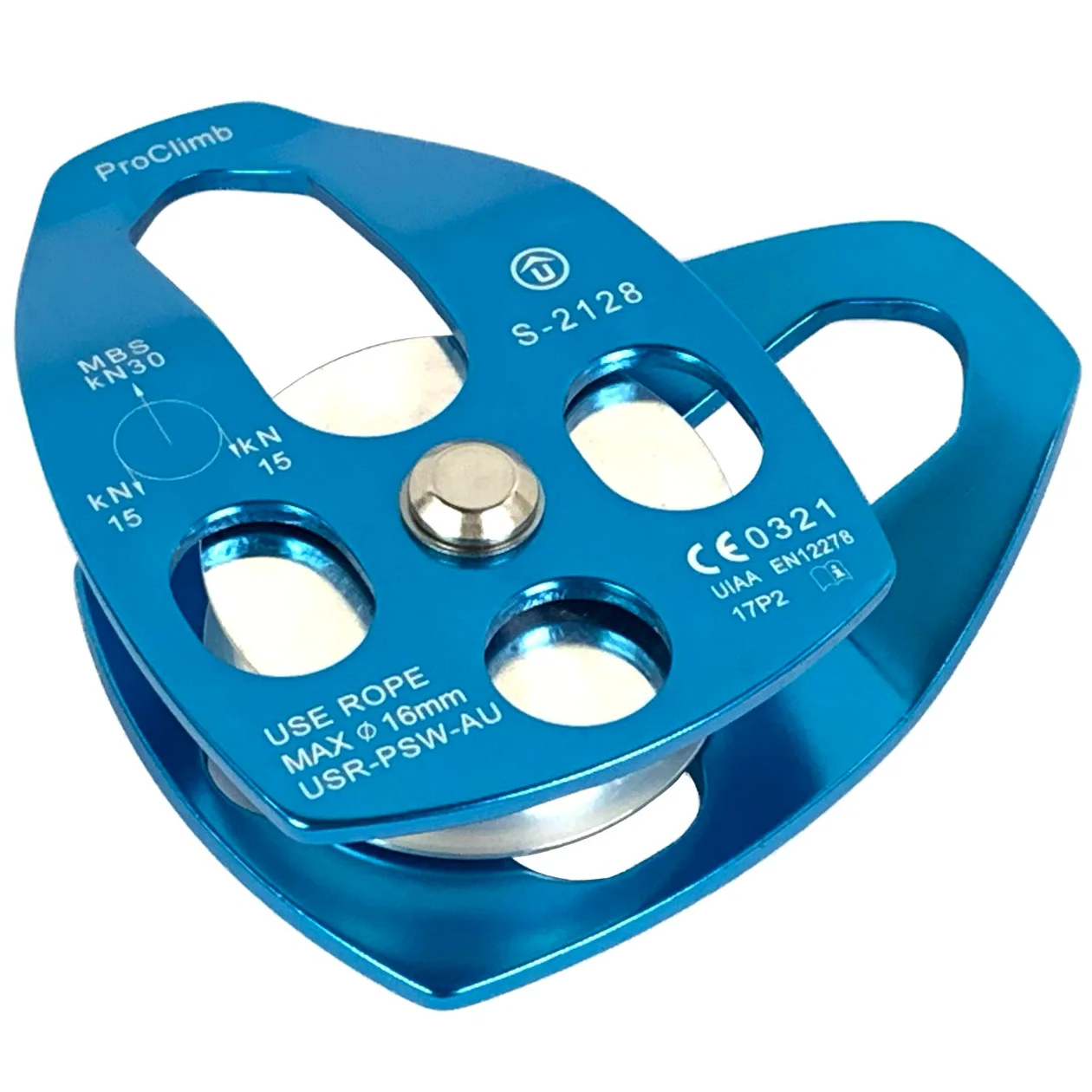 Polea de cuerda de aluminio de 30 kN con placa oscilante, certificado CE/UIAA, polea individual (azul) - Cuerda de 5/8 pulgadas