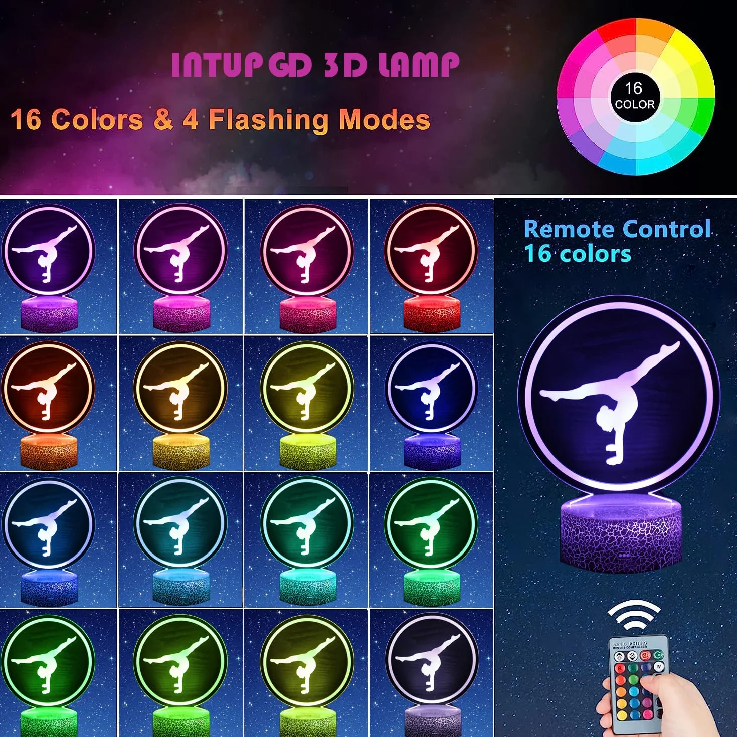 Lámpara LED 3D Gimnasia 16 Colores Control Remoto Luz de Noche