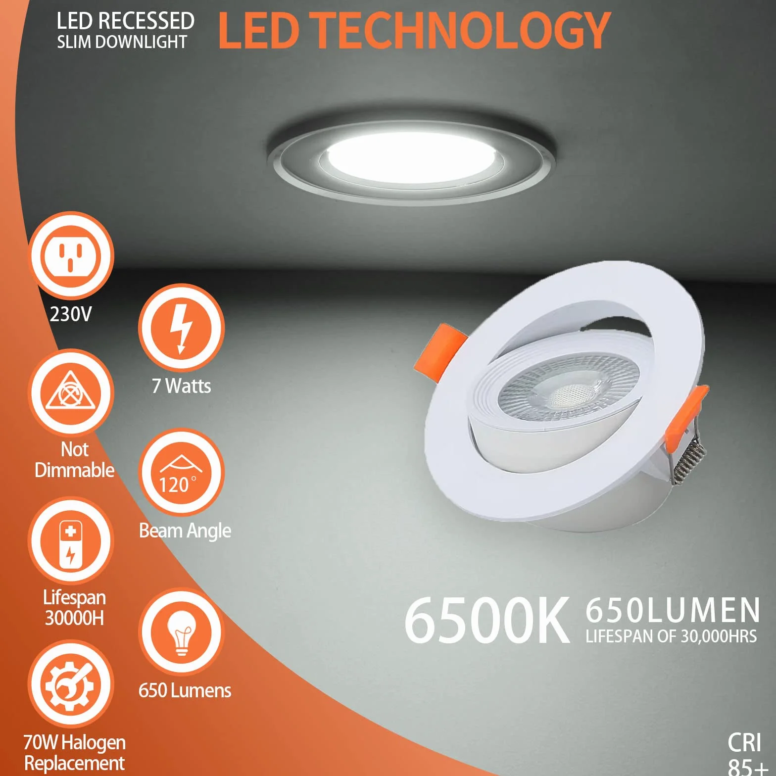 LED Focos Empotrables 7W 650LM 6500K Blanco Frío AC 220-240V Downlight Redondo Extraplano Ángulo Rotable 40° 3 Pack