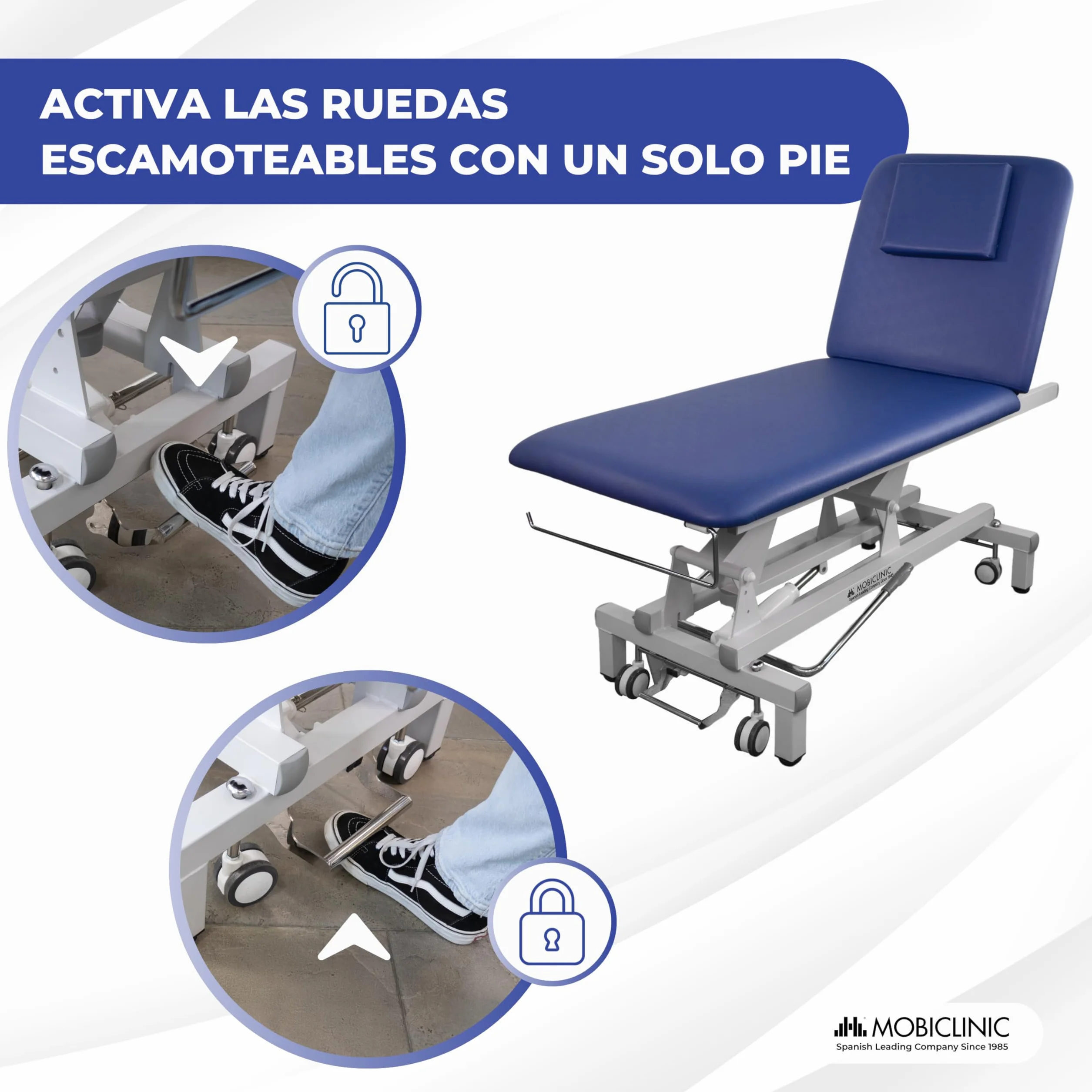 Mobiclinic® Camilla Hidráulica Dos Cuerpos Ajustable en Altura 180 Kg Respaldo Reclinable 194x70x83 cm Ruedas Escamoteables Masaje Estética