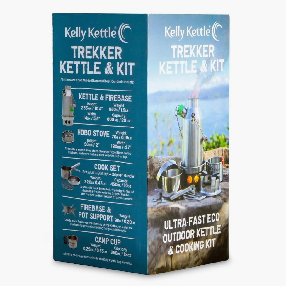 Kelly Kettle Trekker Kettle & Kit – Hervidor de agua pequeño de acero inoxidable de 20 onzas, caldera de camping ligera con silbato, estufa Kelly para pesca, caza, senderismo, equipo de supervivencia