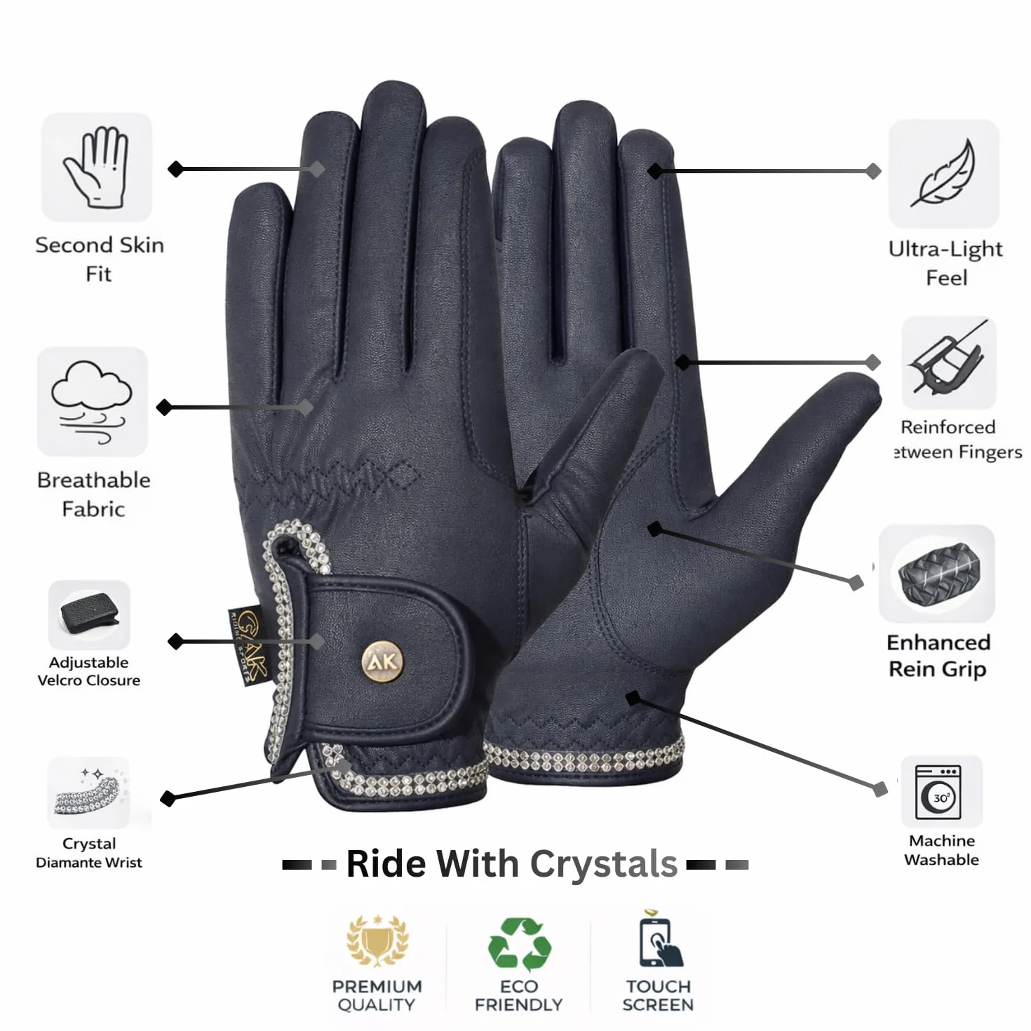 AK Horse Riding Gloves for Competition & Dressing with Crystal Diamante AKRS-6366