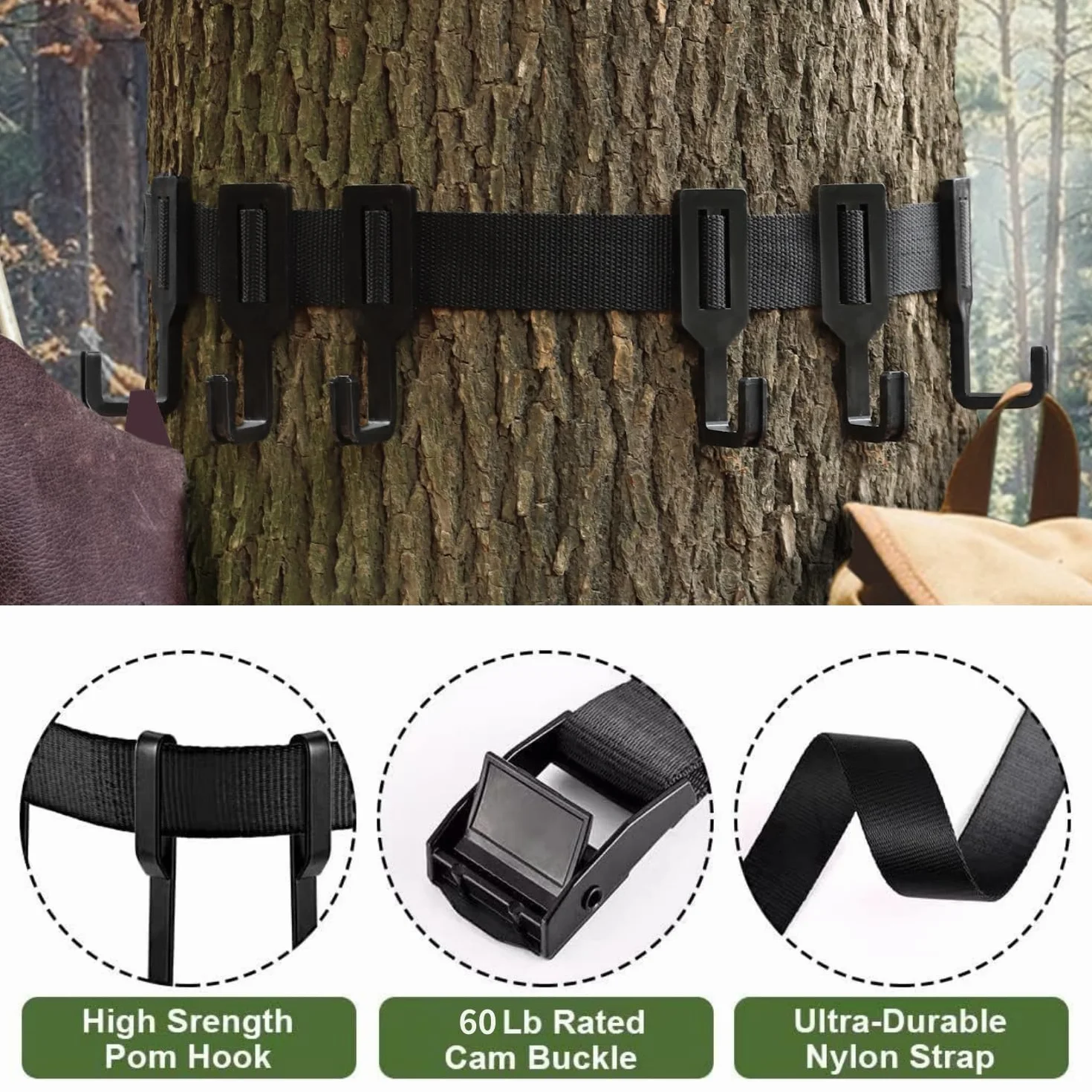Colgadores para Árboles de Equipo de Caza, Negro Gancho con Correas de Trinquete, Soportes de Silla de Árbol Resistentes, Soporte para Árbol al Aire Libre para Caza (1 Correa con 6 Ganchos)