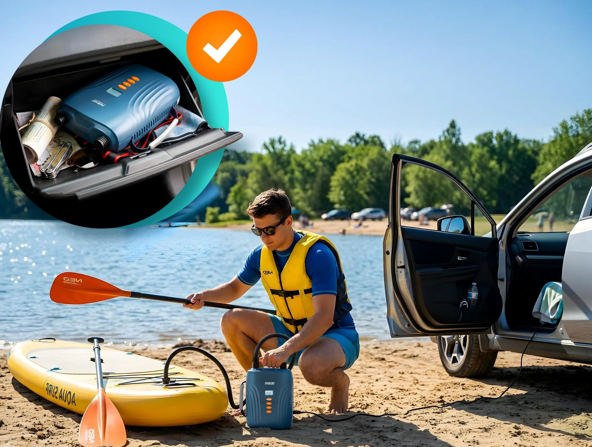 Neo-Sport Bomba de Aire eléctrica de 12 V para Sup, colchón de Aire y Bote Inflable – Bomba de 20 PSI Sup con Doble Motor, Parada automática, 6 adaptadores y función de desinflado