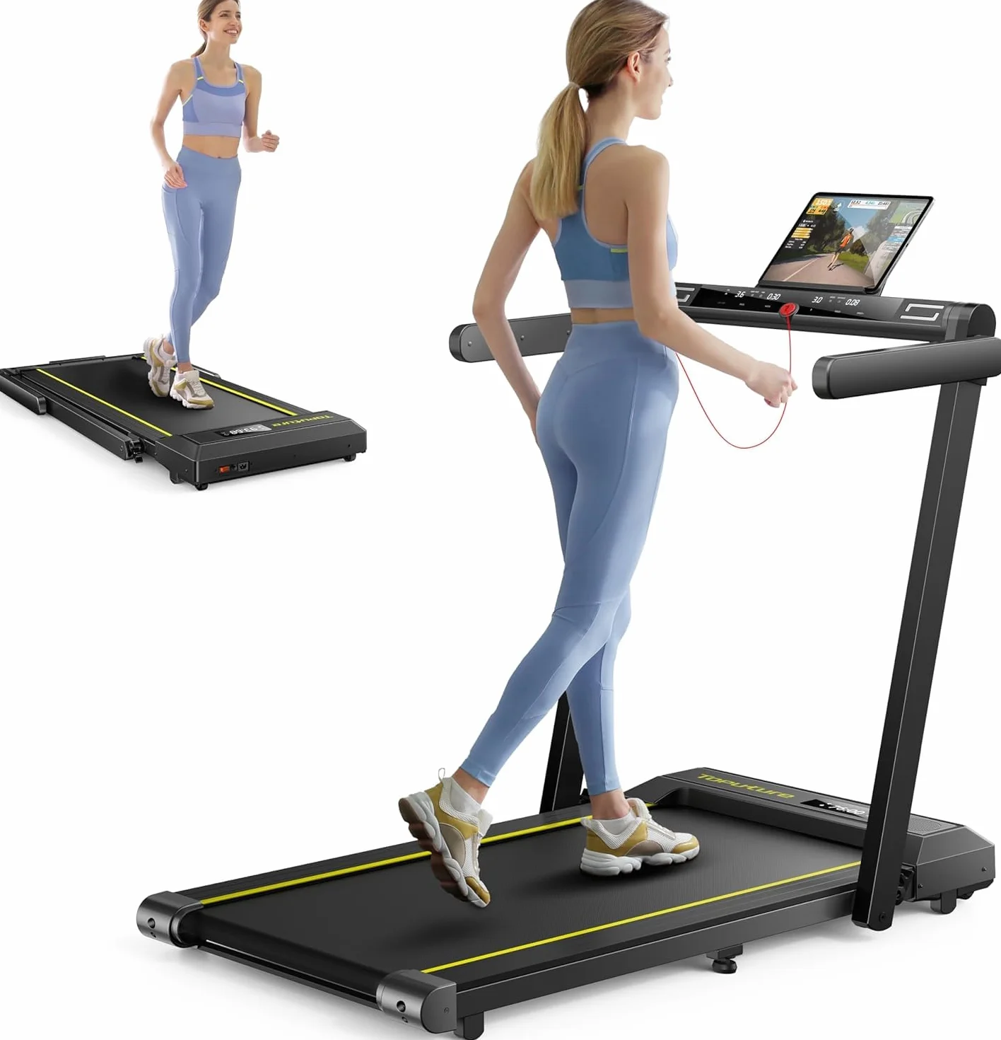 TOPUTURE Cinta de Correr Plegable, 2.5HP Hogar Cinta de Correr para el Debajo del Escritorio, Frecuencia Cardíaca,130 KG, 16KM/H, Dual Pantalla, Bocina Bluetooth, App (Negro - Sin inclinación)