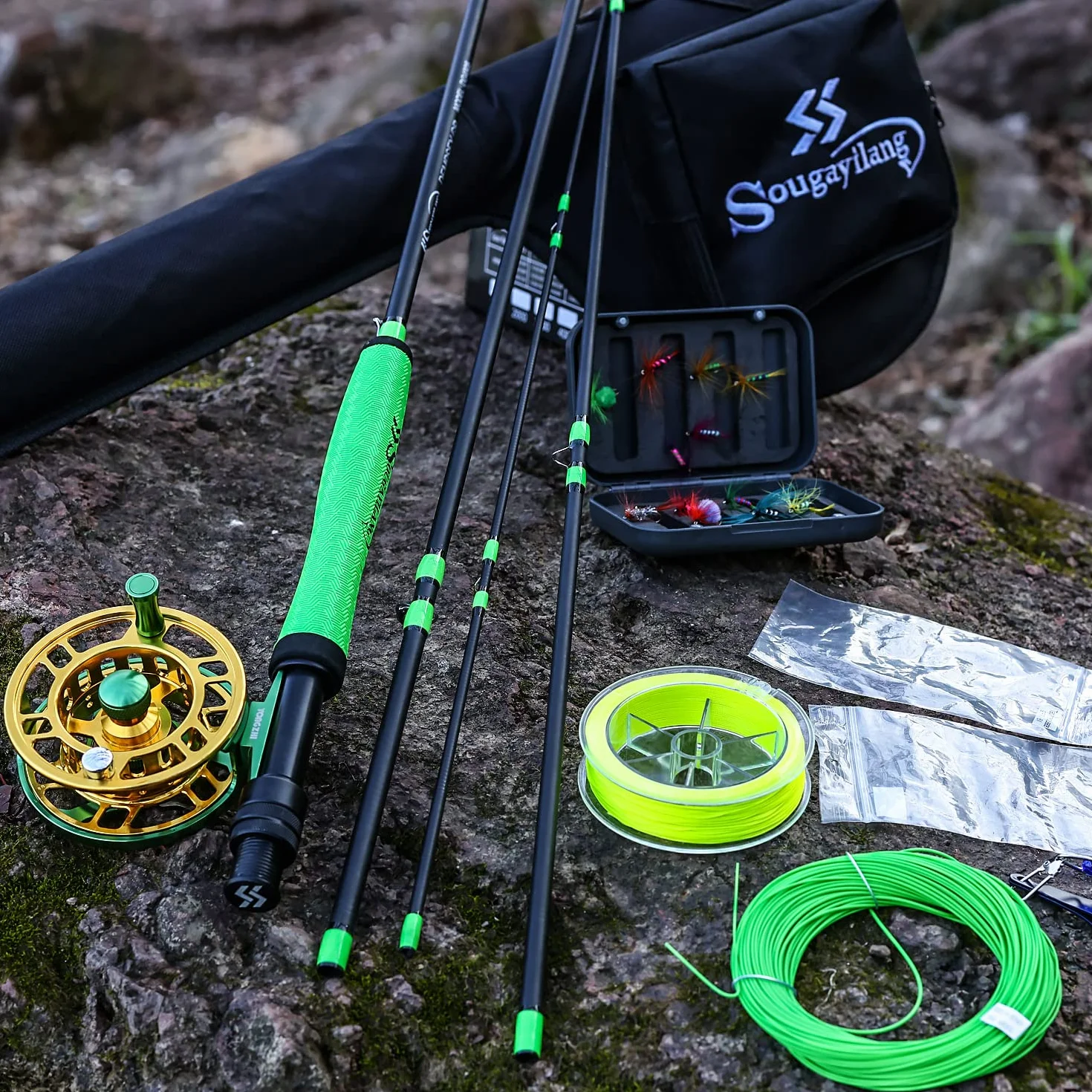 Sougayilang Kit de iniciación de Pesca con Mosca estándar, caña de Pescar de 9 pies de Peso de 5/6 con Mango de superpolímero, Accesorios, Funda de Transporte, Caja de Moscas y Moscas de Pesca