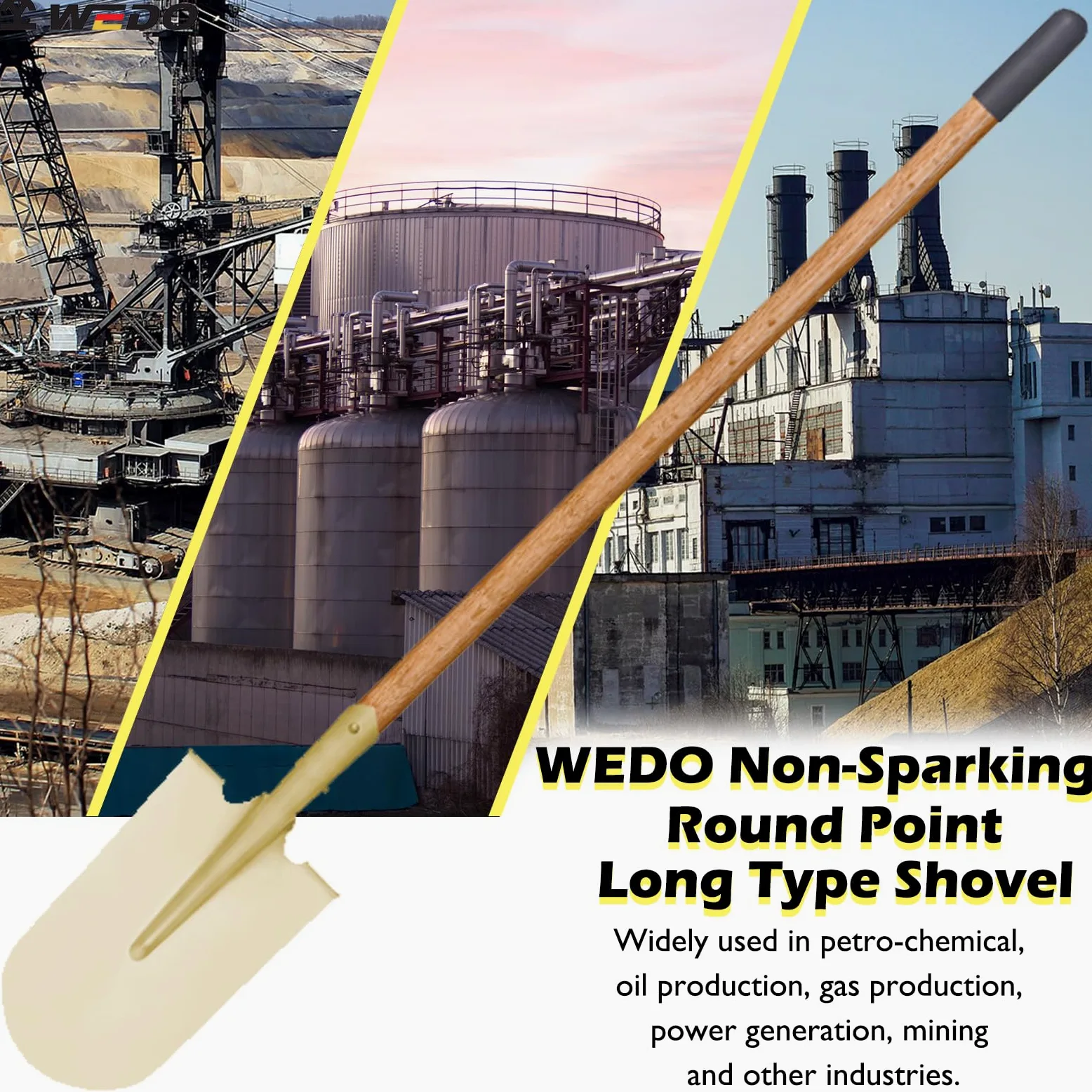 WEDO Pala larga de punta redonda sin chispas, pala de transferencia, mango de madera de 48 pulgadas de largo con funda antideslizante, herramienta de excavación de seguridad, bronce de aluminio