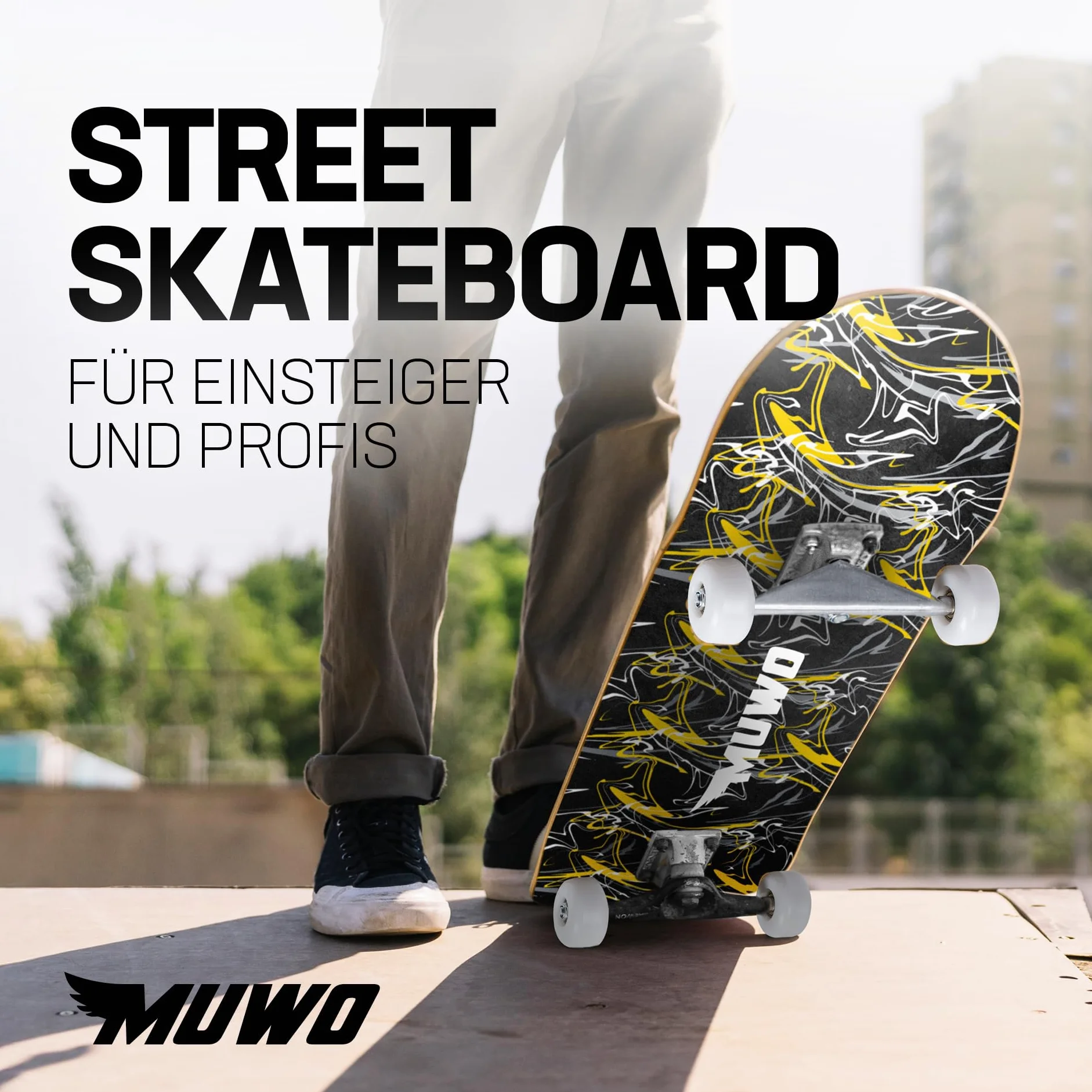 MUWO Street Skateboard 31 x 8 pulgadas – Tabla completa para principiantes de madera estable y aluminio, adecuado para niños, adolescentes y adultos con diferentes motivos (Swing & Wing)