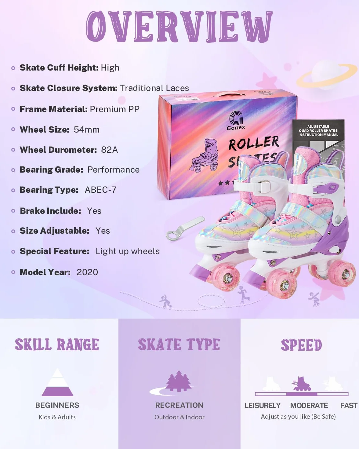 Gonex Patines 4 Ruedas Niña Paralelo Ajustables con Iluminación LED para Principiantes