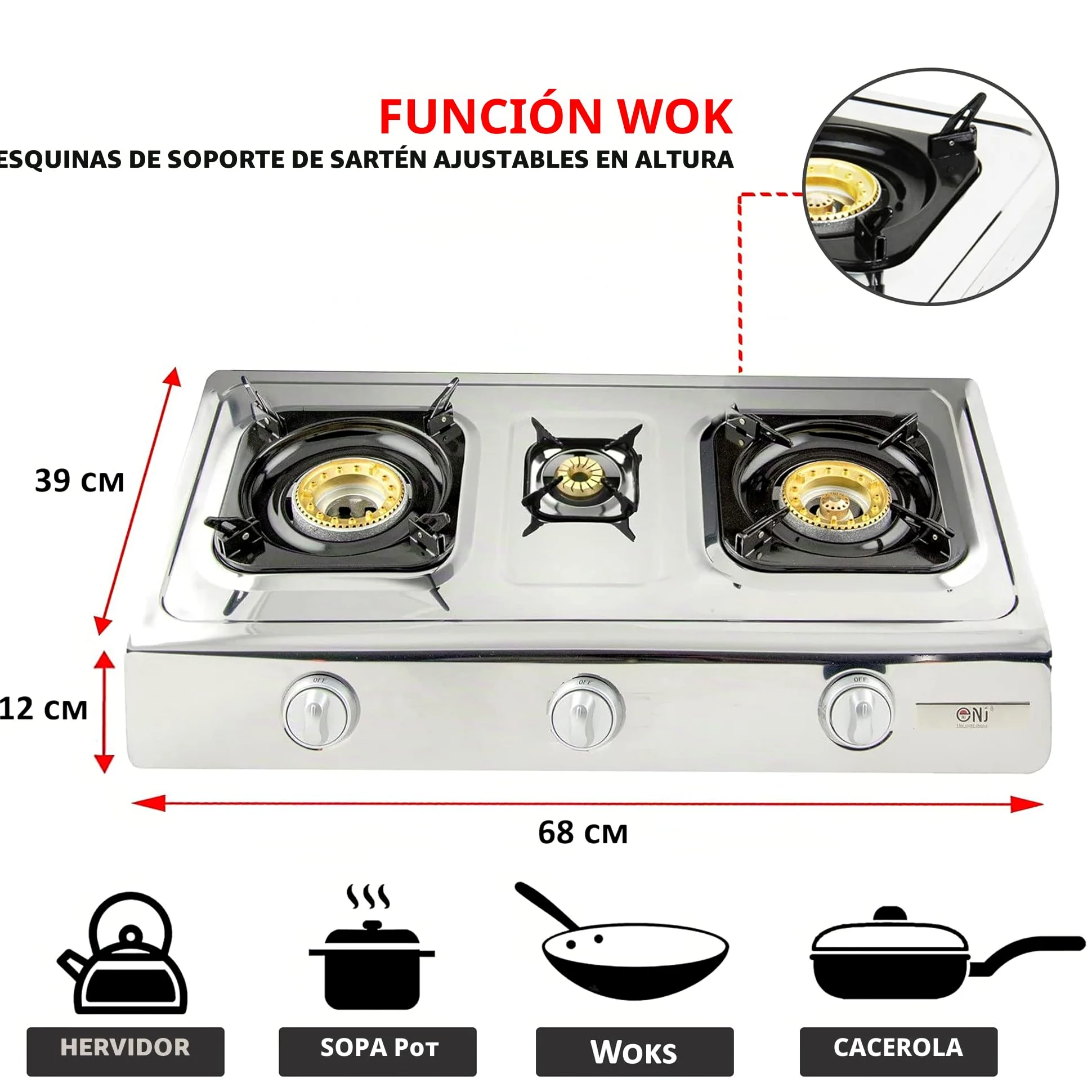 NJ Hornillo de Gas, NGB-300 - Camping Gas de 3 Fuegos para Exterior – Hornillo de Gas para Wok - Cocina Portátil de Gas GLP con Tecnología Eficiente y Encendido Automático, Acero Inoxidable – 8,0 kW