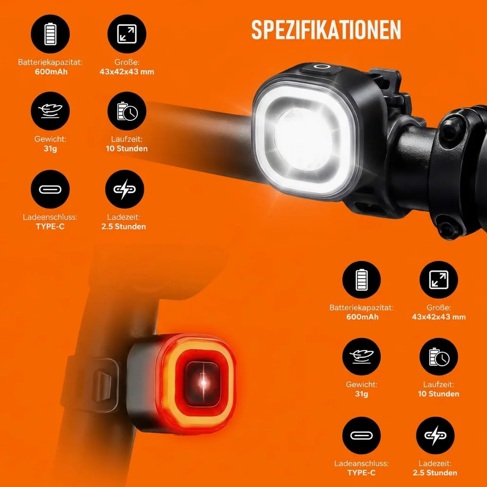 Juego de luces LED para bicicleta, homologadas por StVZO, luz de bicicleta recargable con luz de freno inteligente, luz trasera, IPX5, resistente al agua y a los golpes, juego de luces de bicicleta