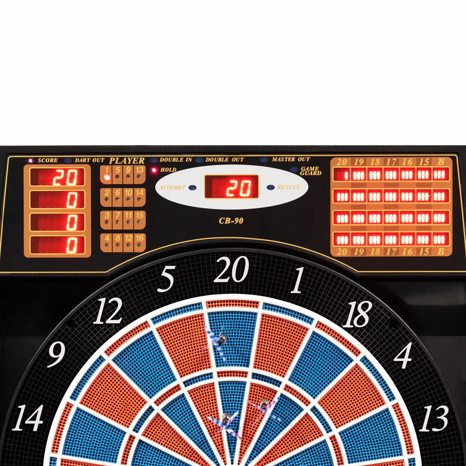Karella CB-90 - Diana electrónica con 38 Juegos y 211 Variantes, Dimensiones exactas de Torneo en versión de 2 Agujeros, Incluye 12 Dardos Blandos