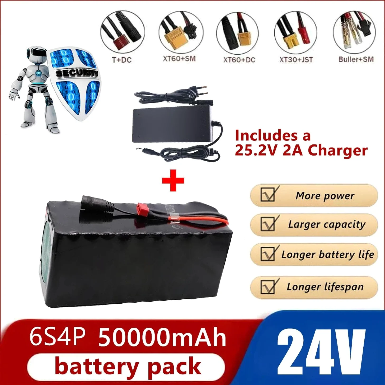 Batería For Bicicleta Eléctrica De 24 V, 50 Ah, For 6S4P Con Tablero Protección BMS Cargador For Motor Scooter Eléctrico 100 W - 500 XT60,24V(T)