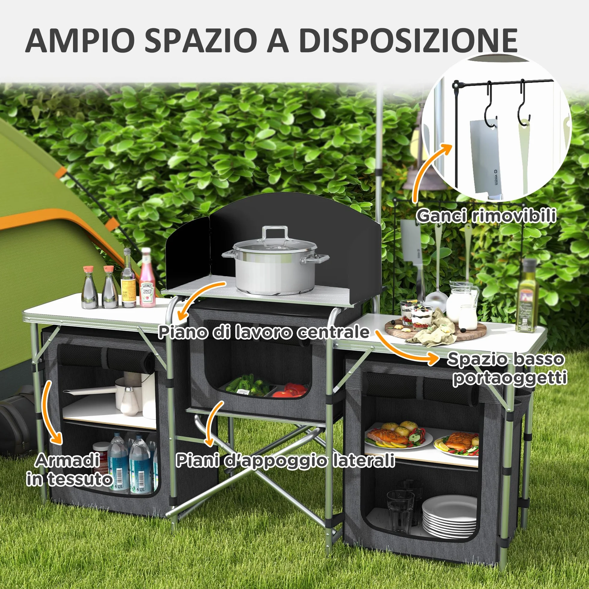 Outsunny Cocina de Camping Plegable, Armario de Camping de 3 Estantes con 5 Estantes Internos, 4 Ganchos y Bolsa de Transporte, Aluminio, MDF y Tejido Oxford, UV50+, 172x48x119 cm, Negro