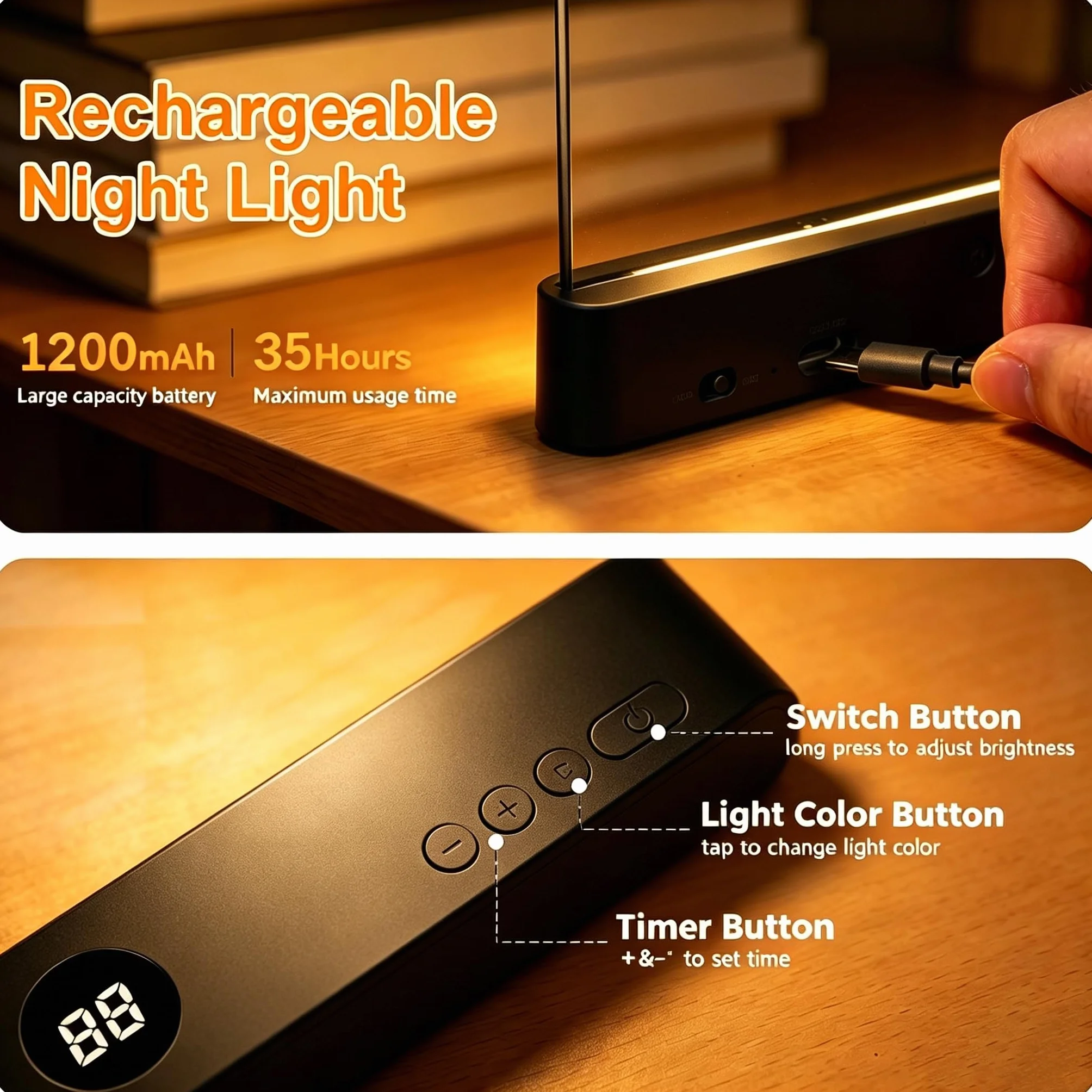 Luz Plana para Libros LED Recargable con Cronómetro y Luces de 3 Colores, Brillo Ajustable