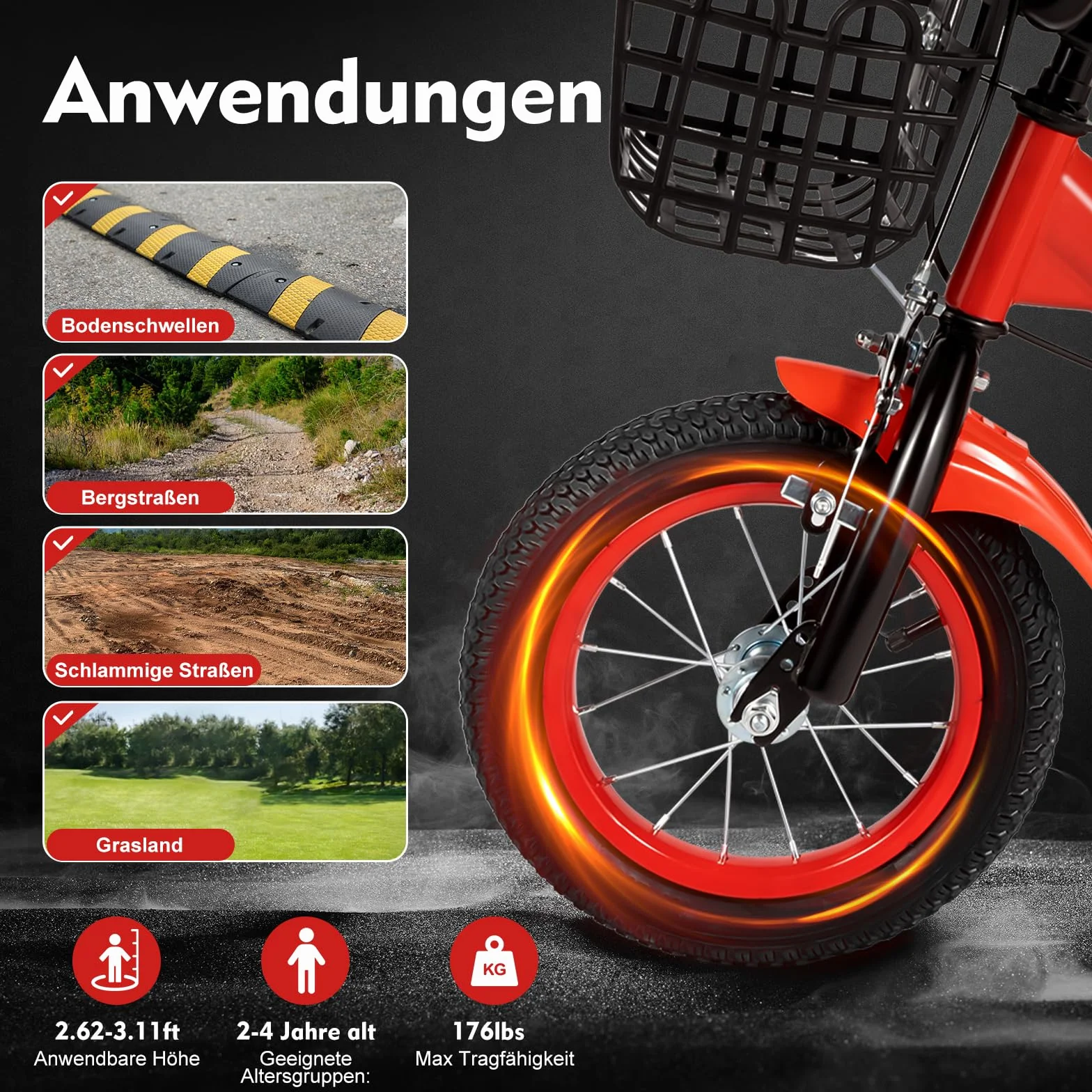 Bicicleta infantil 12 pulgadas sillín ajustable niños 3-9 años rojo amarillo azul