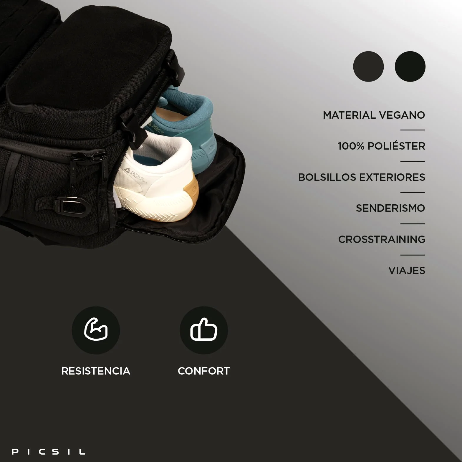 PICSIL Maverick, Mochila Táctica, Múltiples bolsillos - 40L, Moonless | Impermeable y resistente. Backpack con bolsillo térmico, puerto USB y compartimientos intelligentes. Para viaje o deporte.