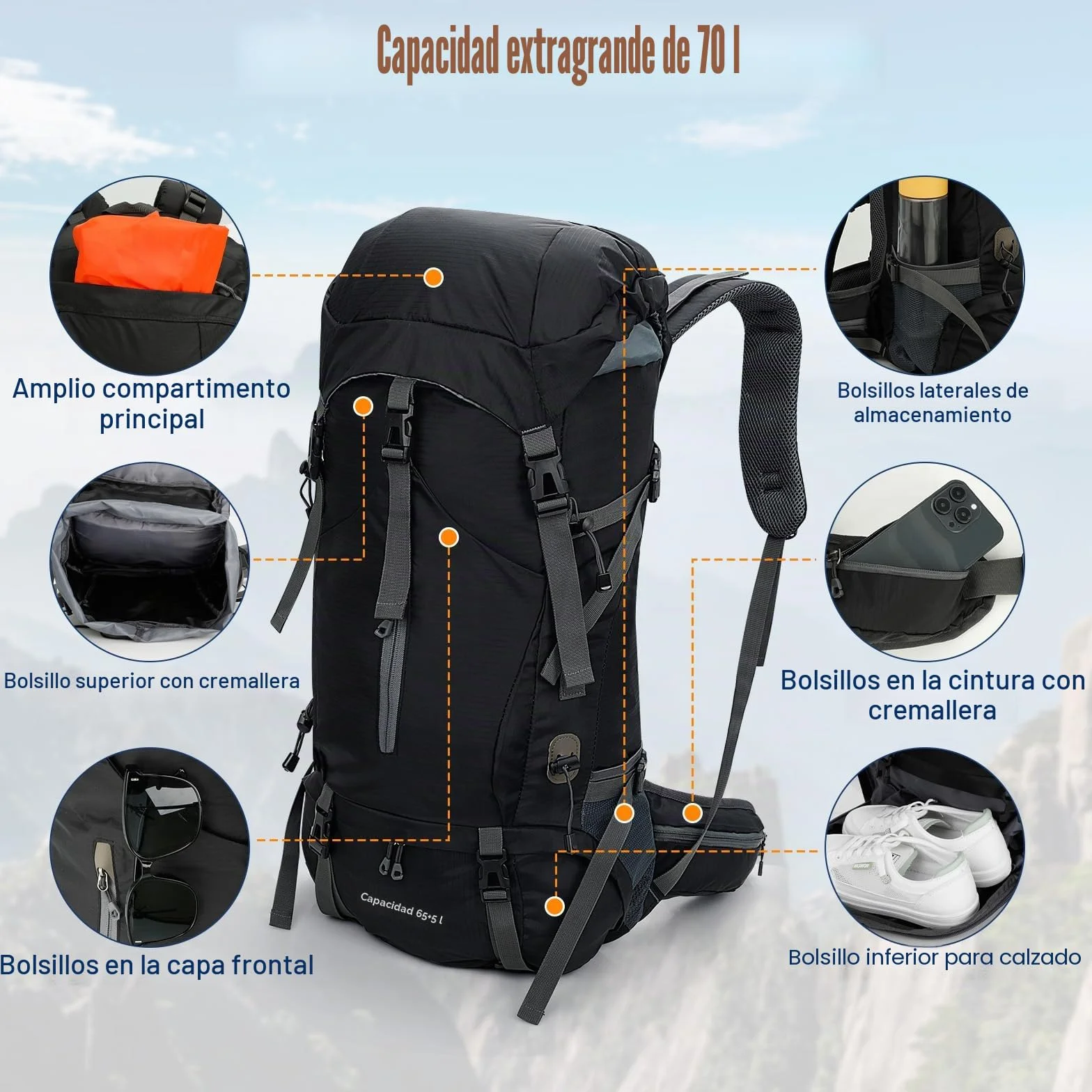 Cozary Mochila Trekking 70L Impermeable Antidesgarro con Cubrelluvia, Sistema Transpirable para Senderismo Camping Montañismo