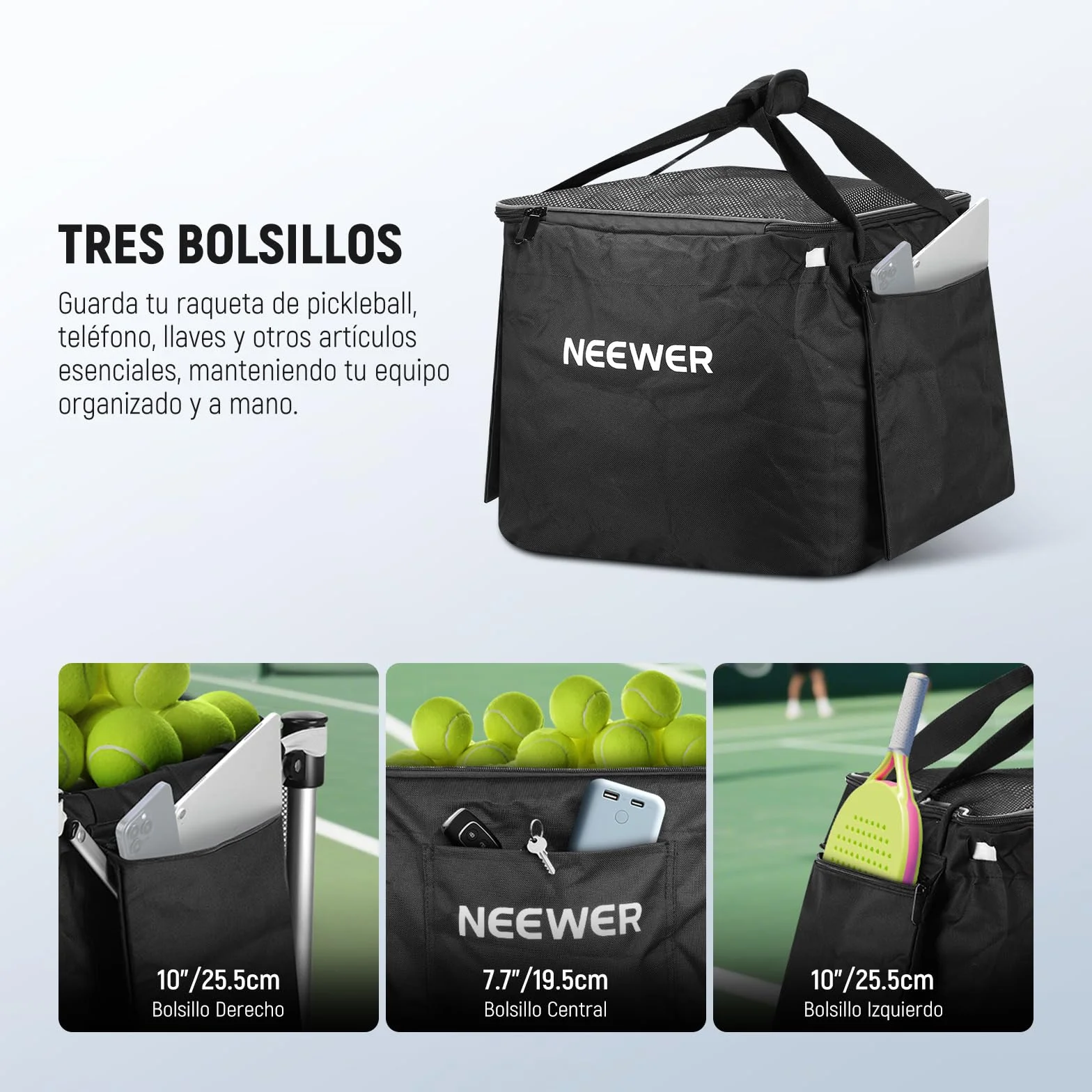 NEEWER Contenedor de Pickleball con Ruedas, Plegable Poliéster Picker Upper Hopper Carrying Basket Cart Holder con Bolsillo Lateral