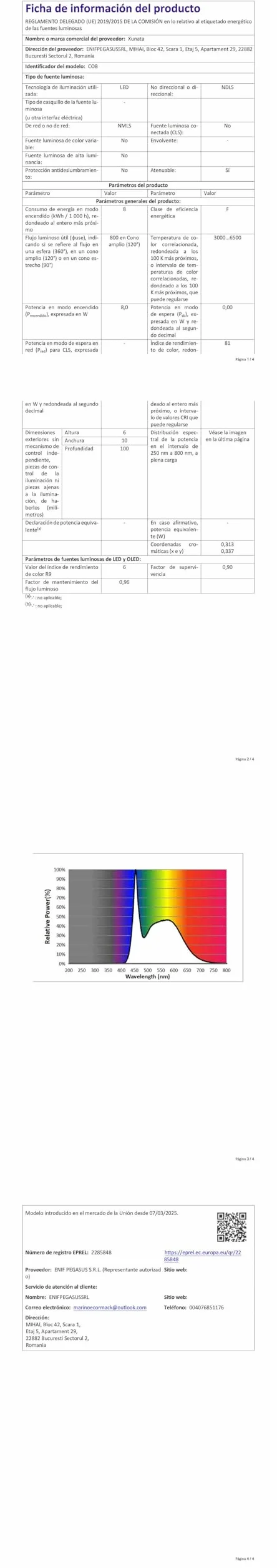 XUNATA Cable de Alimentación para Tira de LED COB, 288LEDs/m, 360LEDs/m, Blanco, 40 cm
