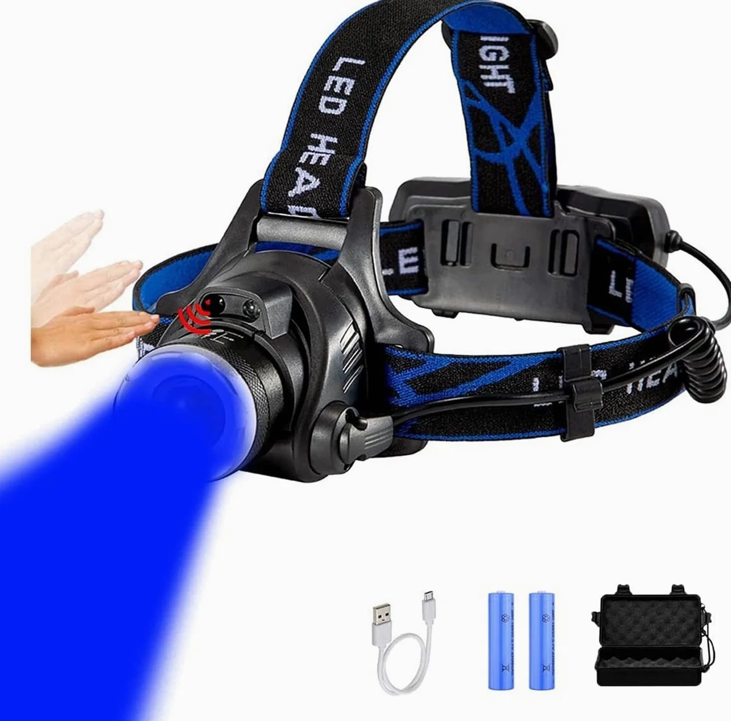 Linterna Frontal Linterna Frontal LED Luz Azul Linterna Frontal 18650 Linterna Frontal Recargable USB Linterna Frontal LED Azul con Zoom con 3 Modos de Haz Rojo for Pesca Nocturna Actividade