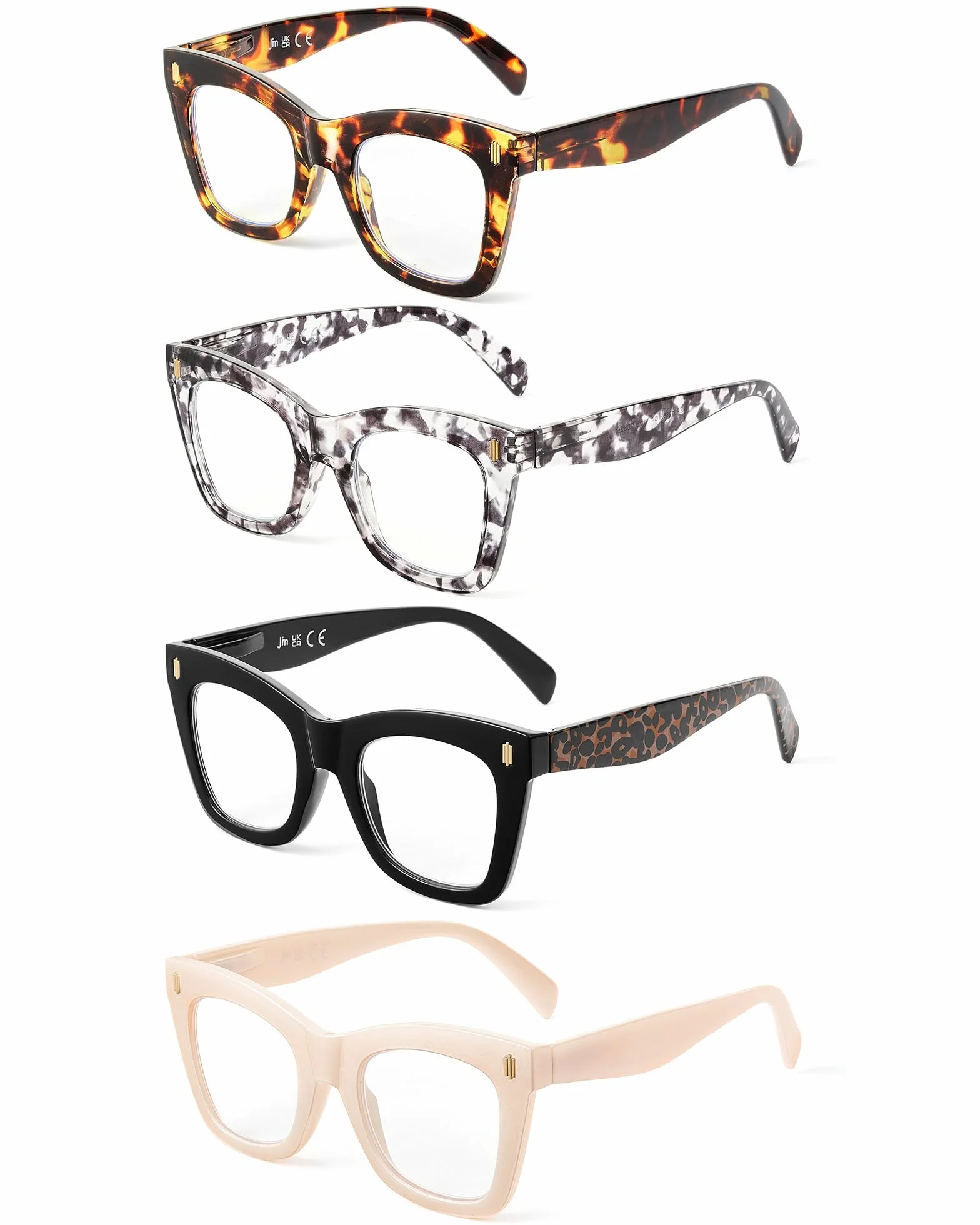 JM Gafas de Lectura para Mujer, Cuadrado Moda Grande Ojo de Gato, Luz Azul, 4 Pack