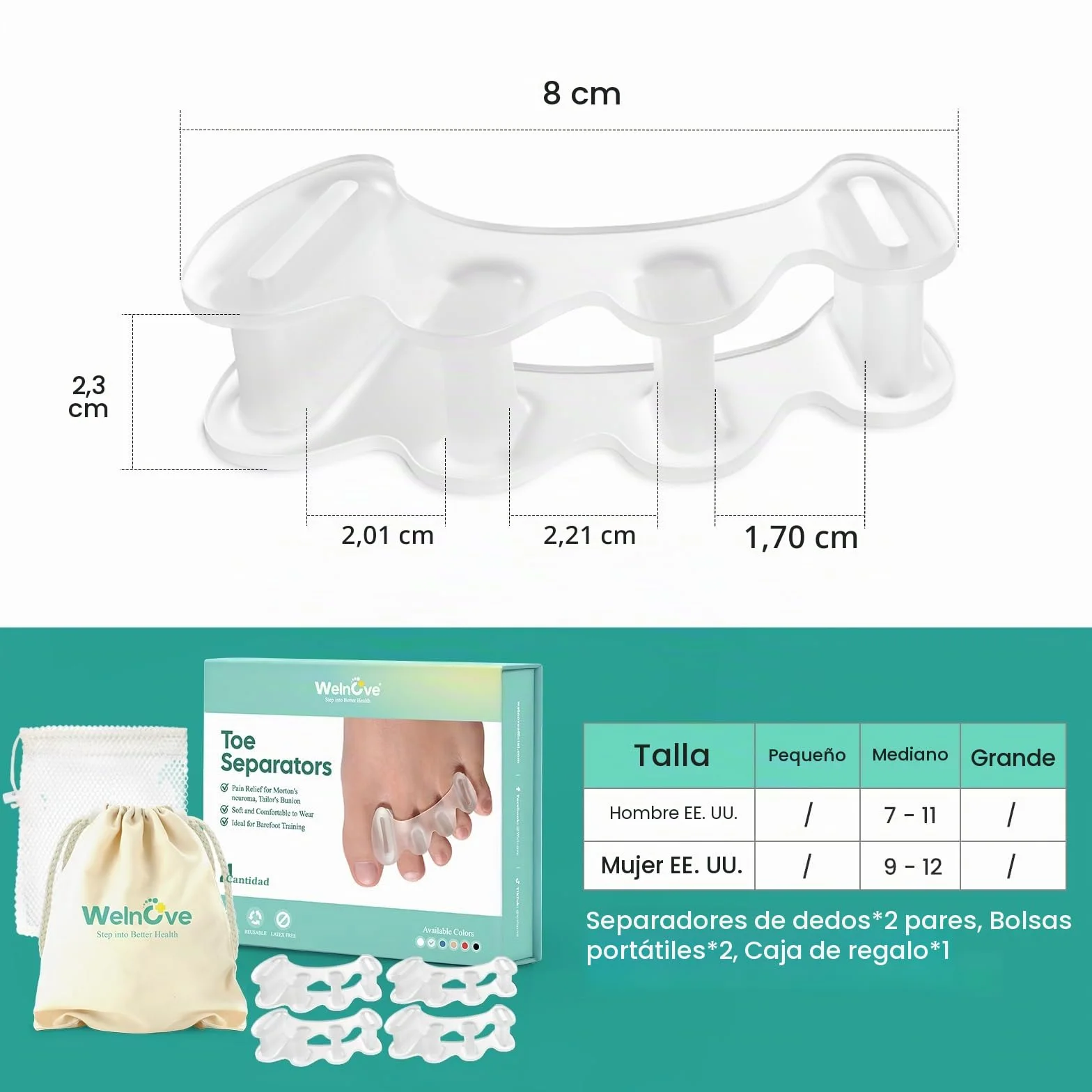 Separadores de Dedos para Juanetes Alivio Dolor Alineación Pies Ajustables 2 Pares Caja Regalo