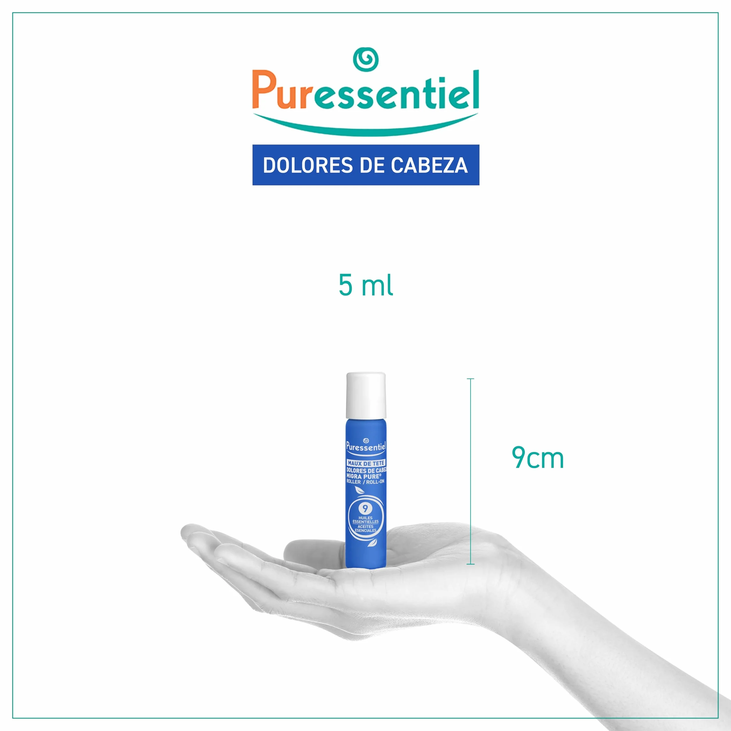 Puressentiel Roll-On Dolor de Cabeza 9 Aceites Esenciales 5 ml Alivio Rápido Efecto Frío Intenso