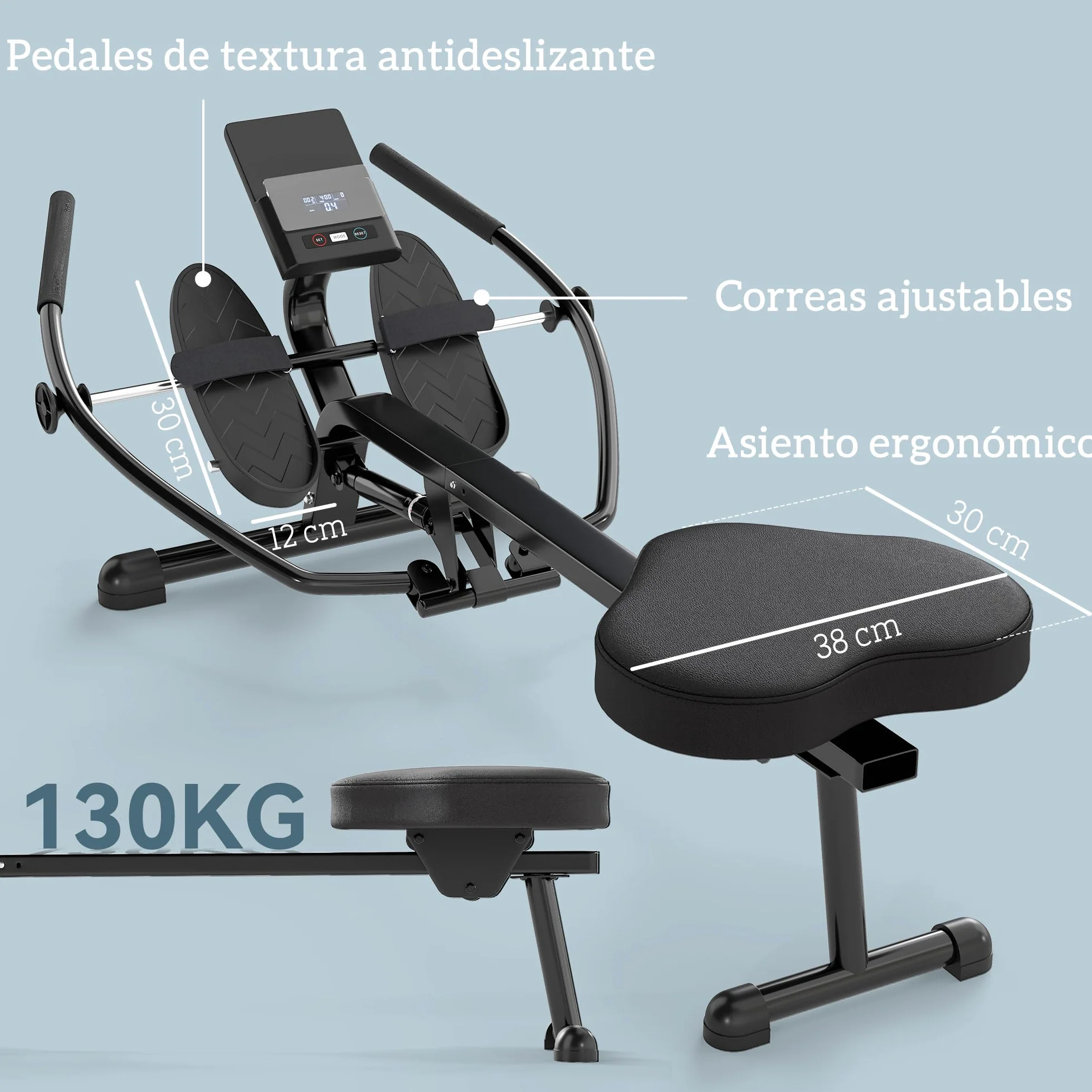 SPORTNOW Máquina de Remo para Casa, 12 Niveles de Resistencia Hidráulica, Máquina de Remo con Pantalla LCD, para Entrenaminto de Fitness, en Hogar Gimnasio, Carga 130 kg, Negro