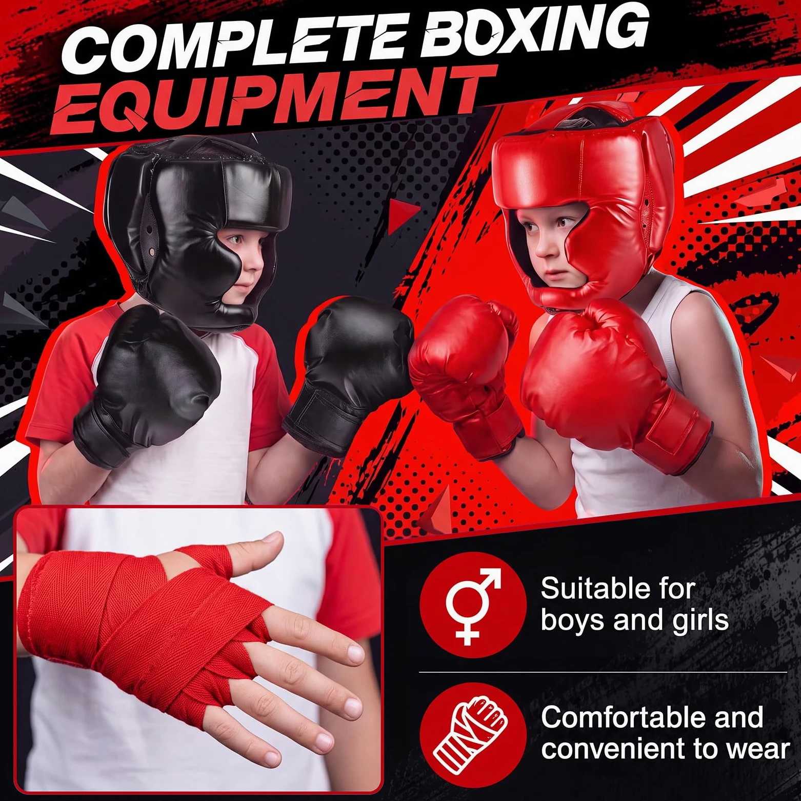Kanayu Juego de 12 piezas de equipo de boxeo para principiantes de 6 a 18 años, incluyendo casco de boxeo y guantes, vendas de mano, protectores bucales deportivos, equipo de entrenamiento de