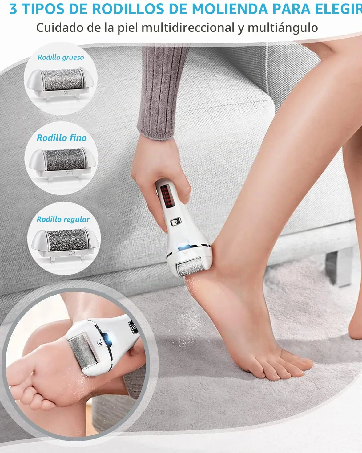 Vxdoirk Profesional Quita Durezas para Pies Electrico Recargable e Impermeable 3 Rodillos 2 Velocidades Blanco