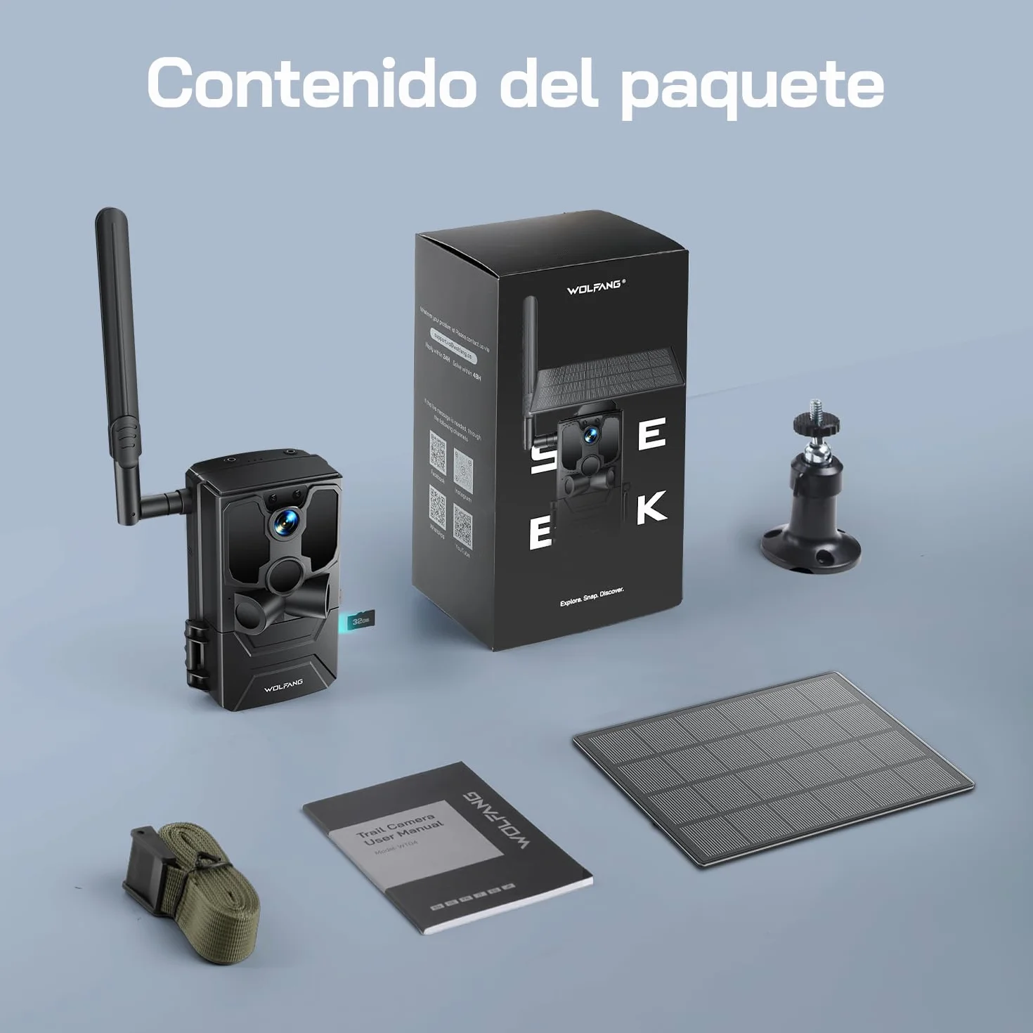 WOLFANG Cámara de Caza Solar, 4G LTE Camara Fototrampeo 2.5K con Detección PIR Nocturna por Infrarrojos Invisible, Alerta, Audio Bidireccional, IP66 para Vida Silvestre y Monitoreo de Seguridad, negro