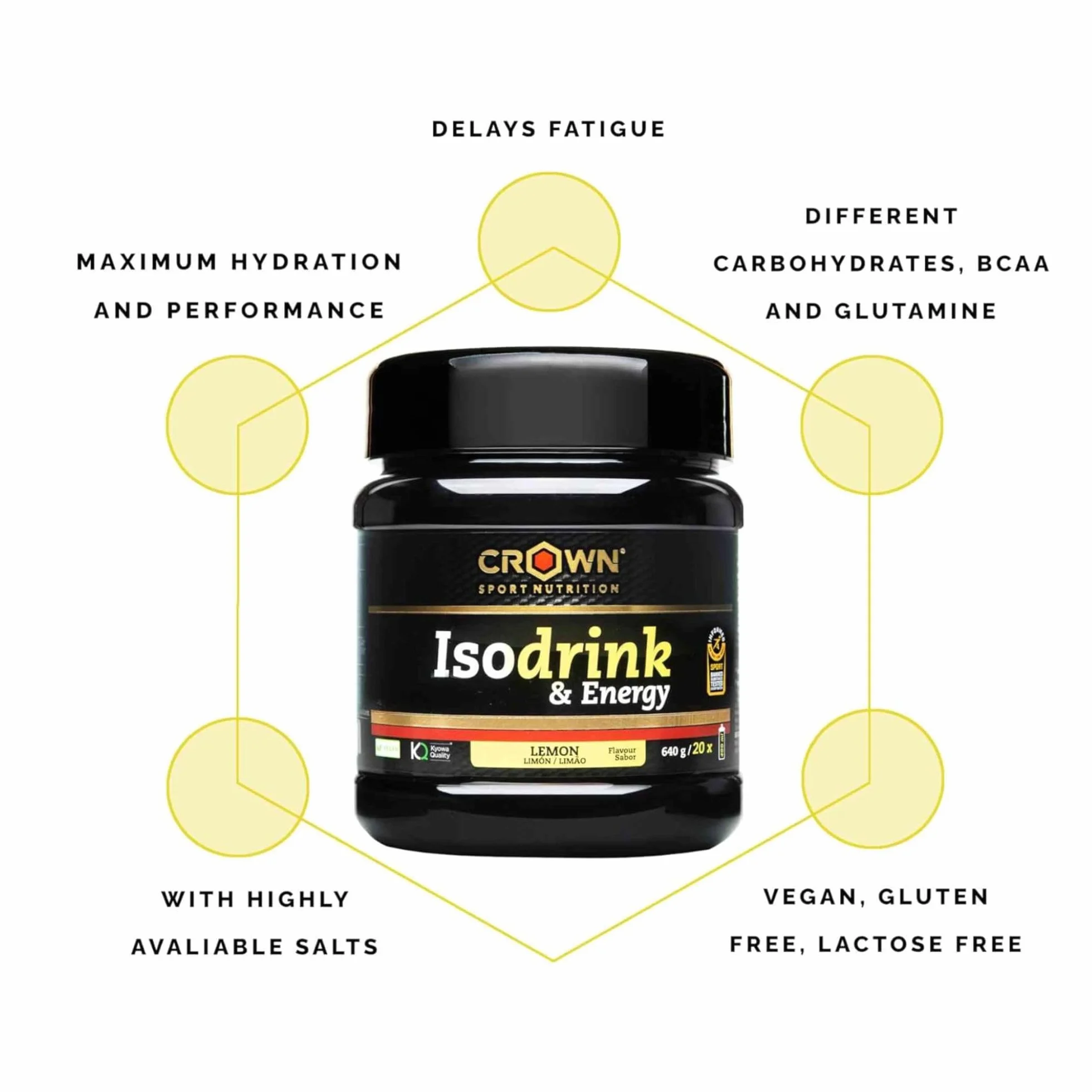 Crown Sport Nutrition Isodrink & Energy Bebida Isotónica en Polvo con Electrolitos Sales Minerales BCAA y Carbohidratos Sabor Limón 640 g Informed Sport