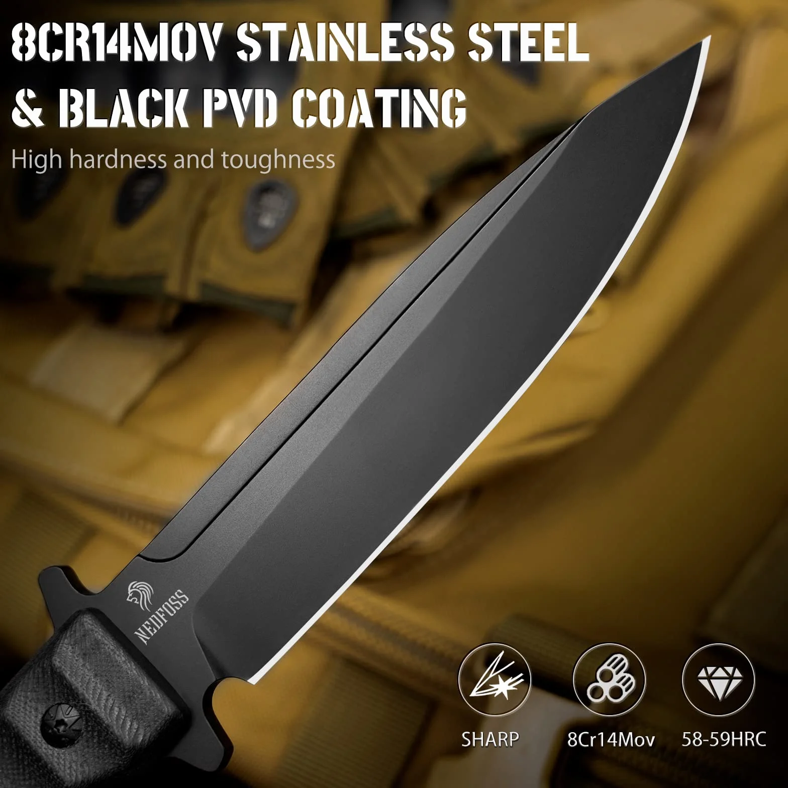 NedFoss BLACK PHOENIX cuchillo supervivencia, cuchillo bushcraft,cuchillo de caza,cuchillo camping,Hoja fija afilada para exteriores, full tang, acampada supervivencia