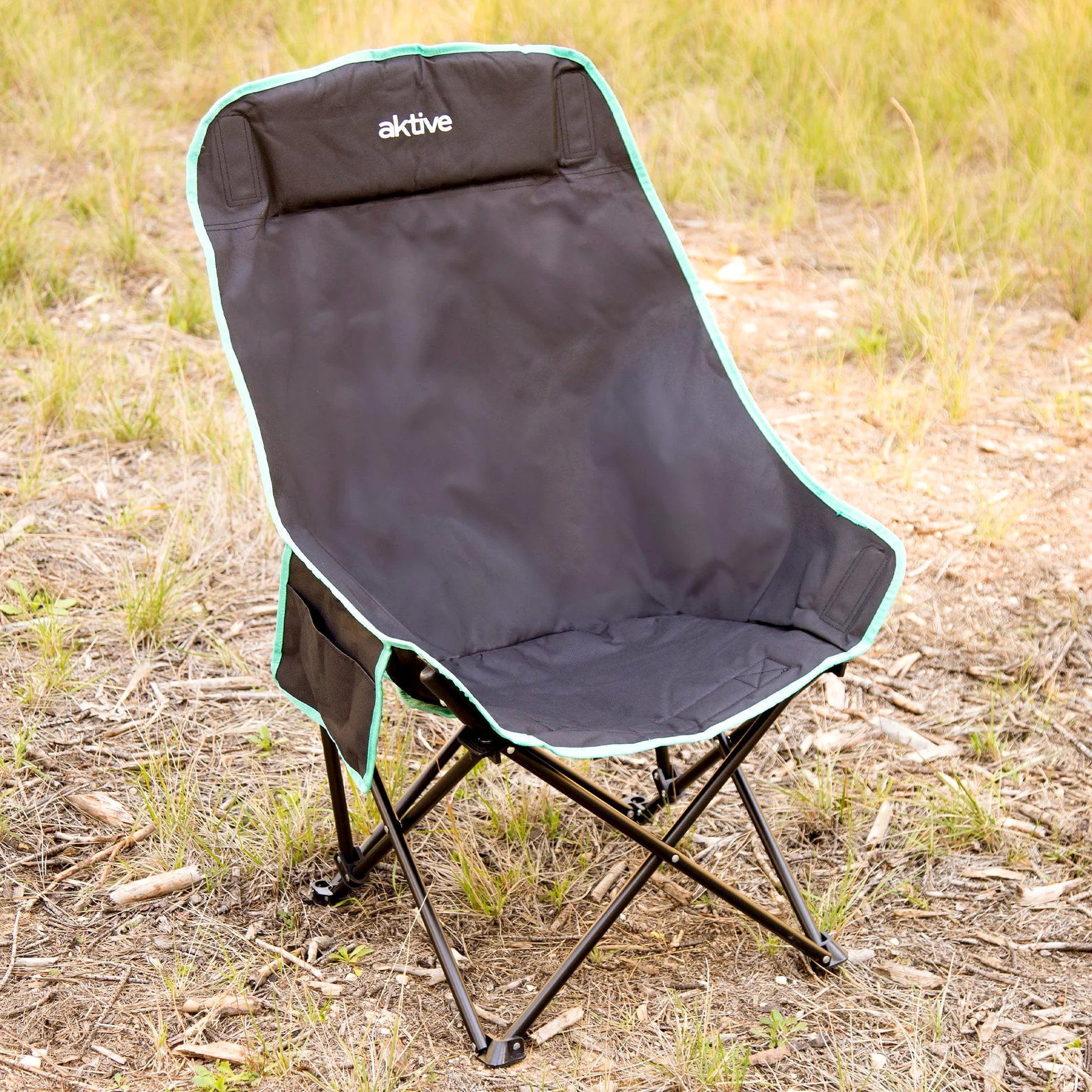 AKTIVE Pack 2 sillas Camping, 55x45x90 cm, Asiento Alto 35 cm, Negro Detalles Turquesa, Respaldo Alto, Antivuelco, Bolsas de Transporte con asa, Bolsillos Laterales (85562)