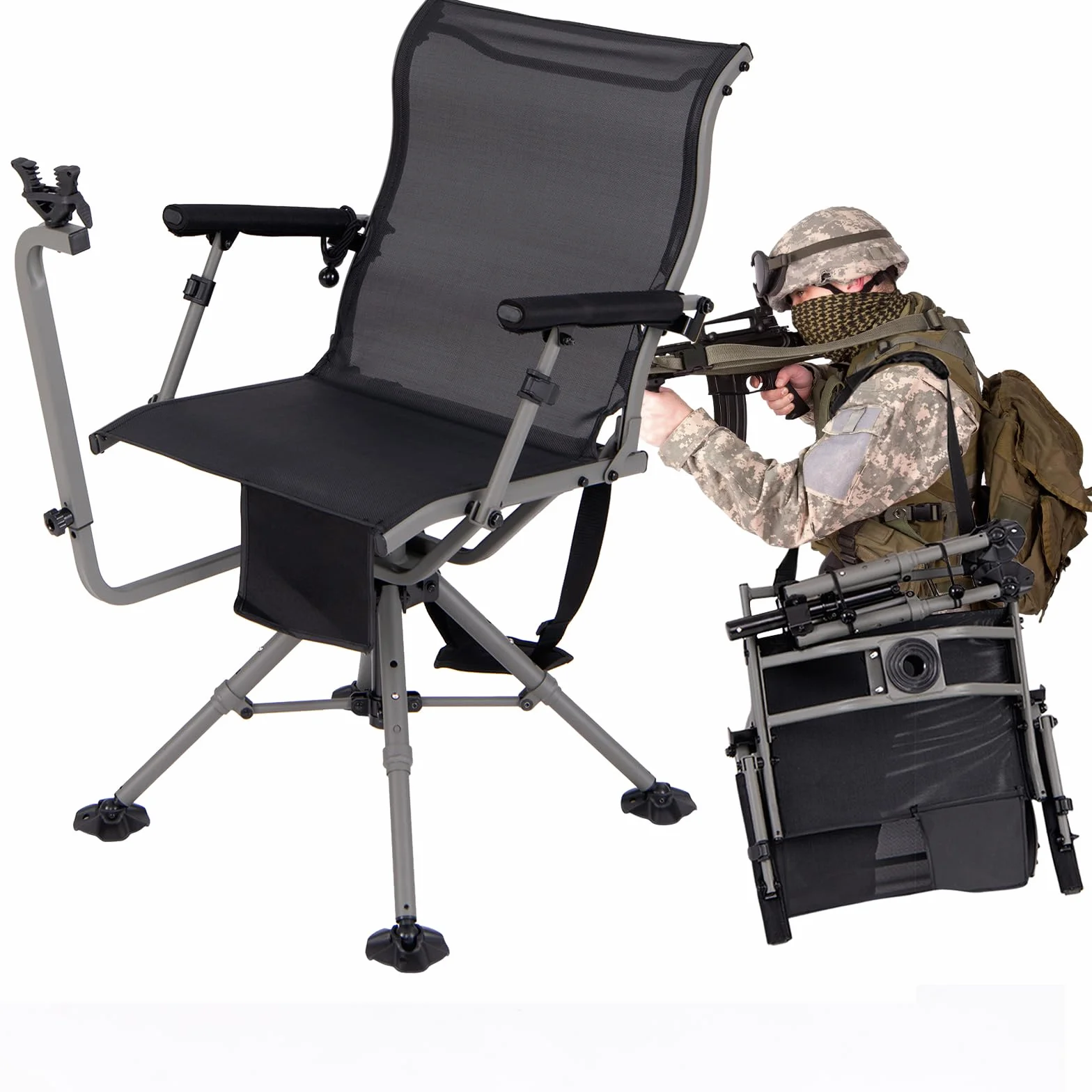 KOMFOTTEU Silla de Caza Giratoria 360°, Silla Plegable de Exterior con Soporte para Rifle Ajustable y Patas Ajustables, Asiento de Francotirador con Bolsillo de Transporte, Carga 150 kg (Modelo I)
