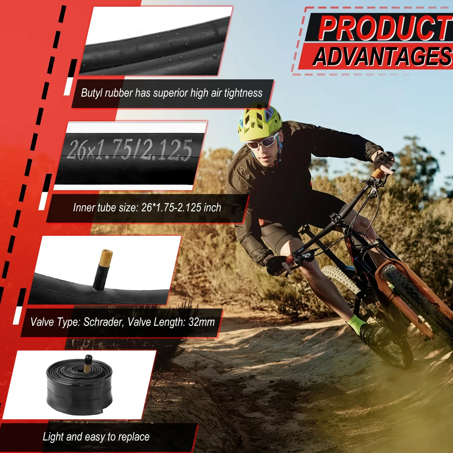 WHEELO Juego de neumáticos para bicicleta de montaña: paquete de 2 neumáticos de bicicleta plegables de repuesto de 26 x 2.1 pulgadas y par de tubos interiores de válvula Schrader con palancas de